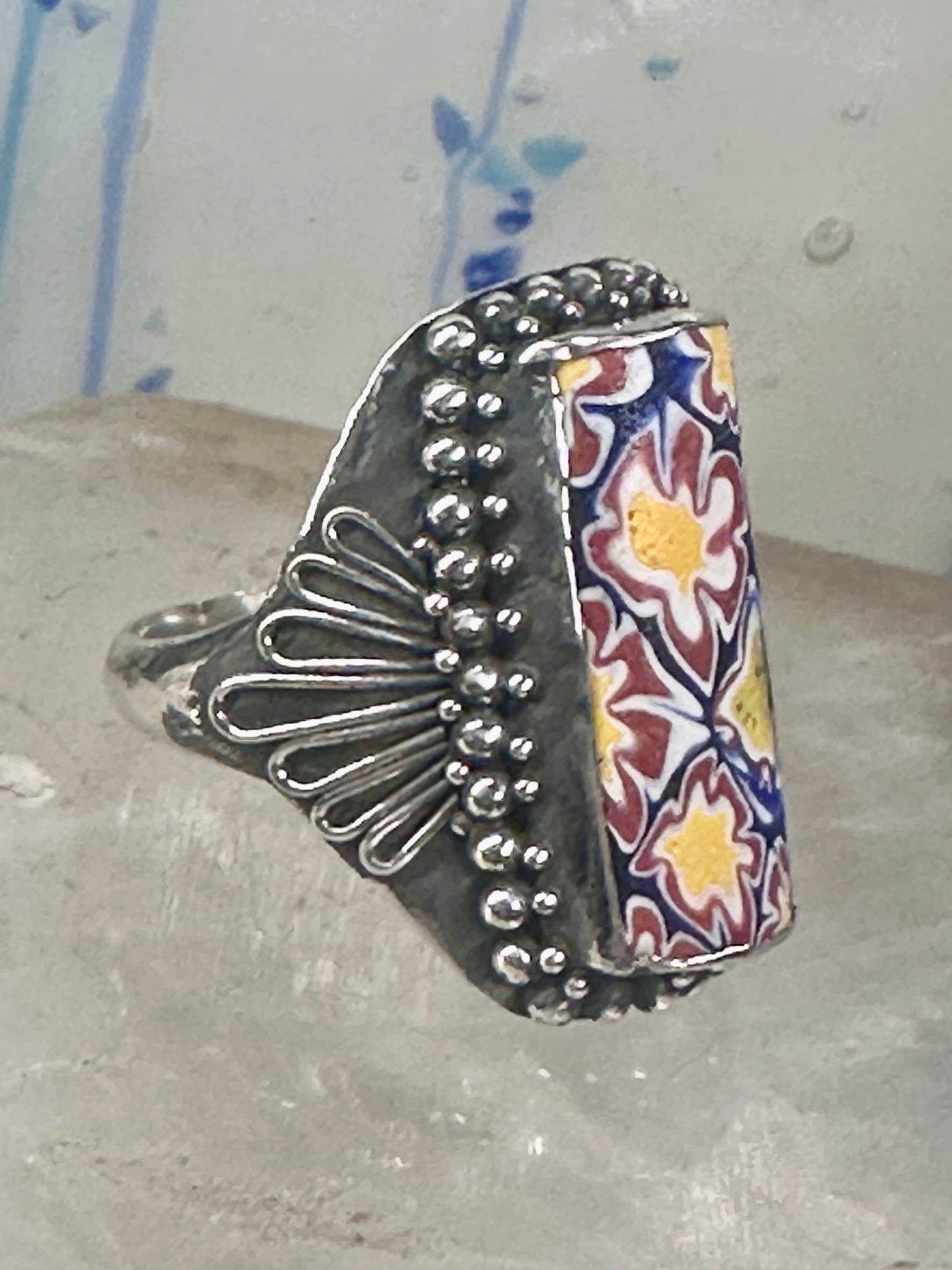 Millefiori floral ring size 9.25 sterling silver flowers long knuckle band women girls