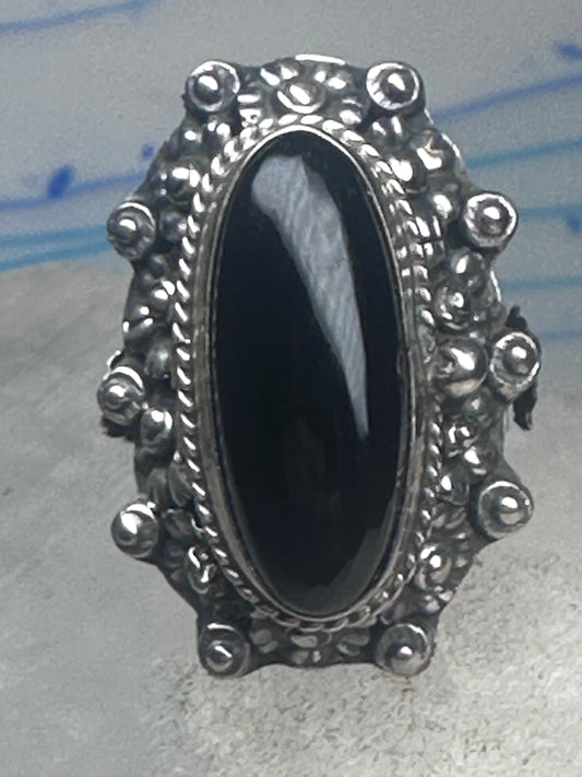 Vintage Taxco Mexican Sterling Silver Black Onyx Poison Ring Floral Size 7.5 Adjustable
