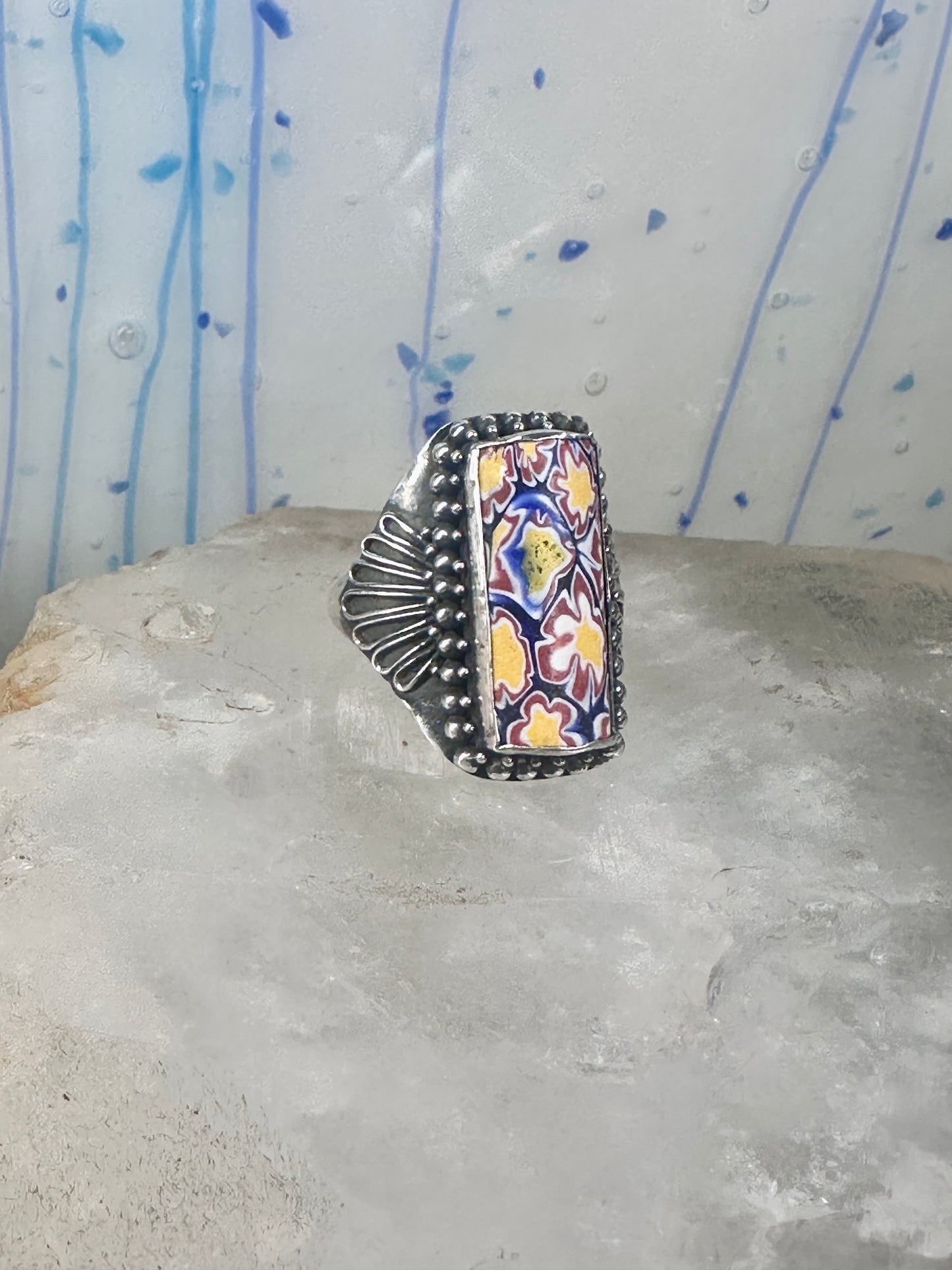 Millefiori floral ring size 9.25 sterling silver flowers long knuckle band women girls