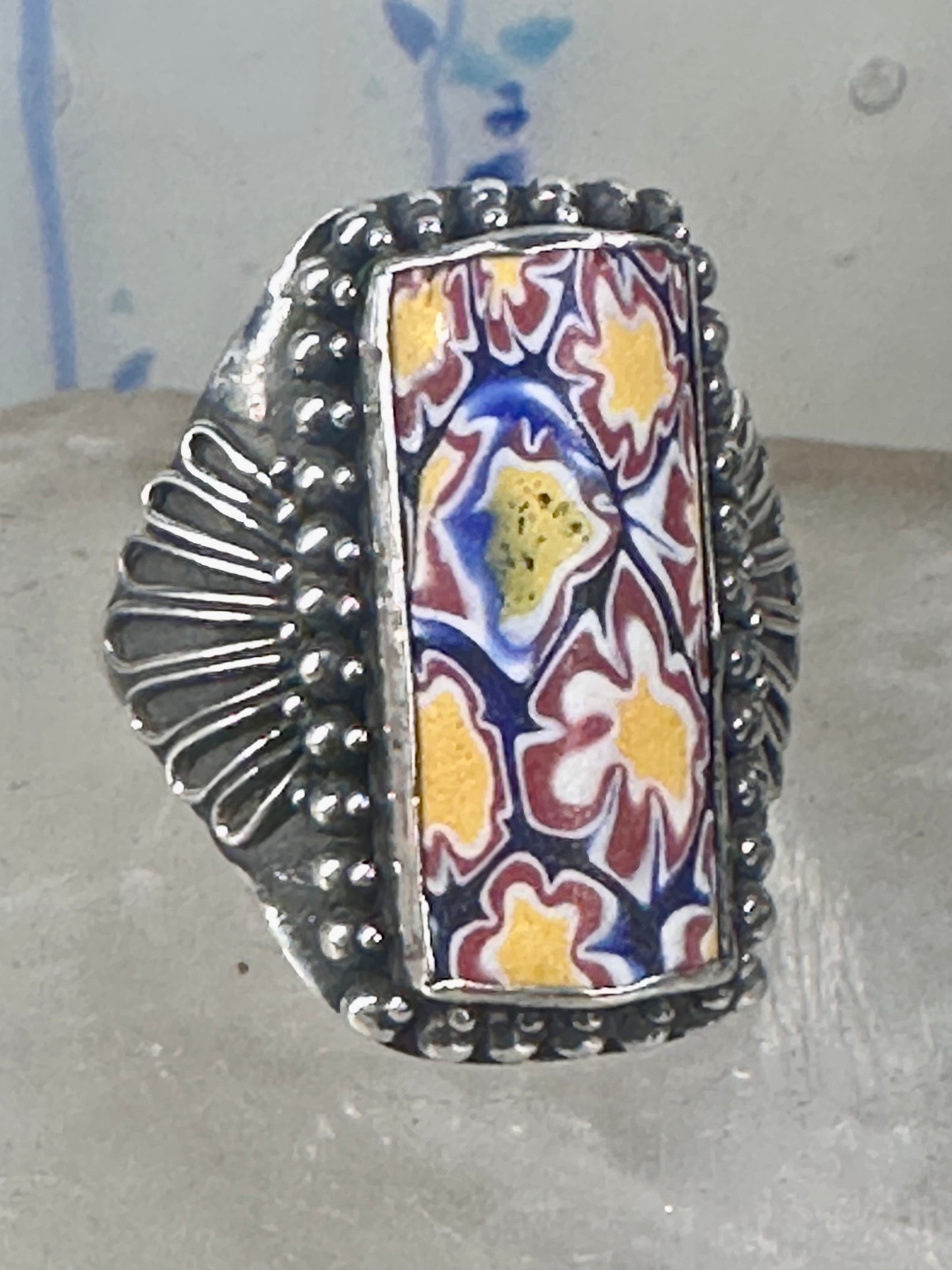 Millefiori floral ring size 9.25 sterling silver flowers long knuckle band women girls