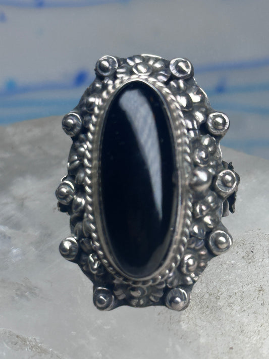 Vintage Taxco Mexican Sterling Silver Black Onyx Poison Ring Floral Size 7.5 Adjustable
