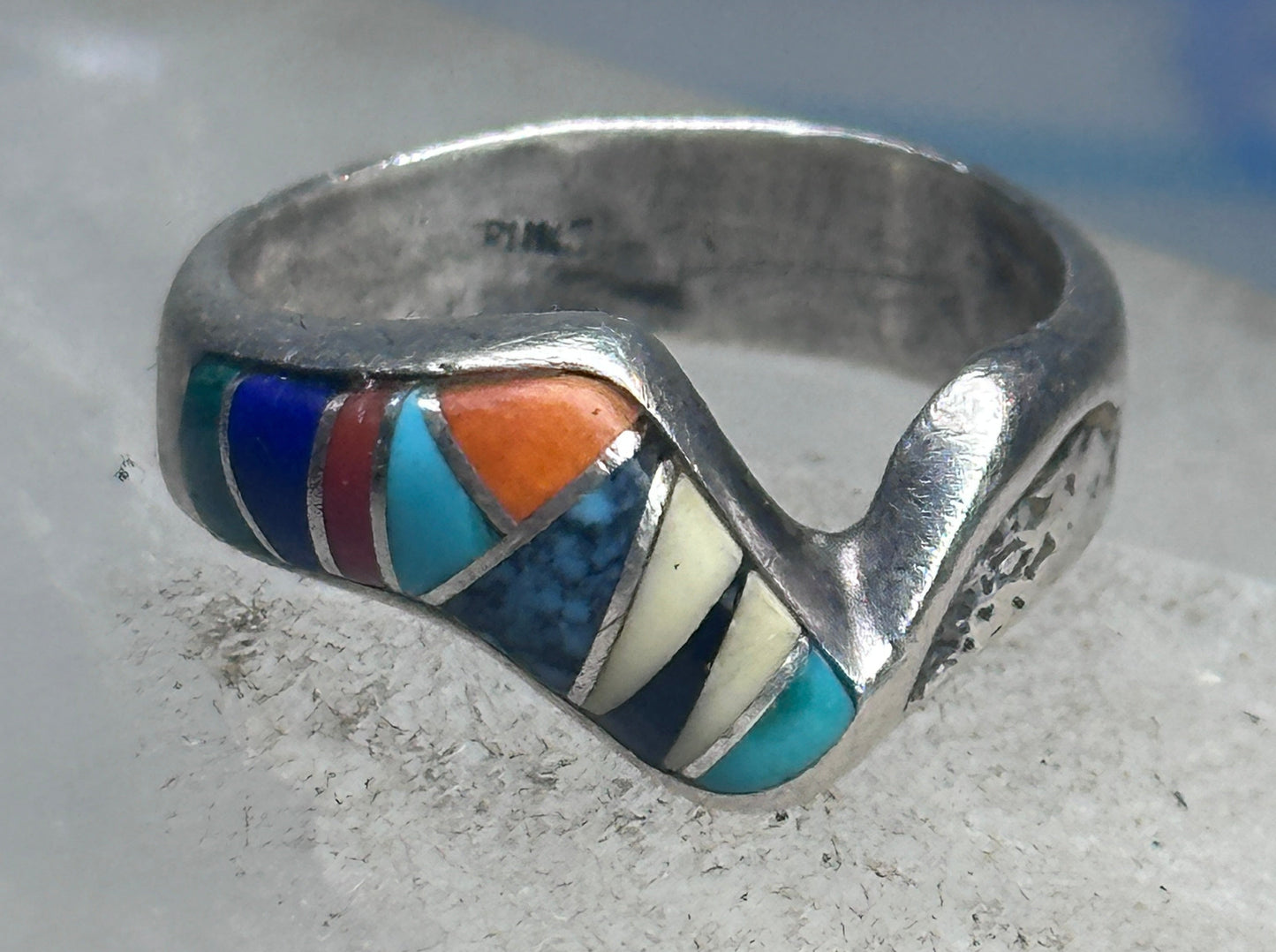 Vintage Zuni Multi-Stone Inlay Wave Band Ring Sterling Silver Size 5.25