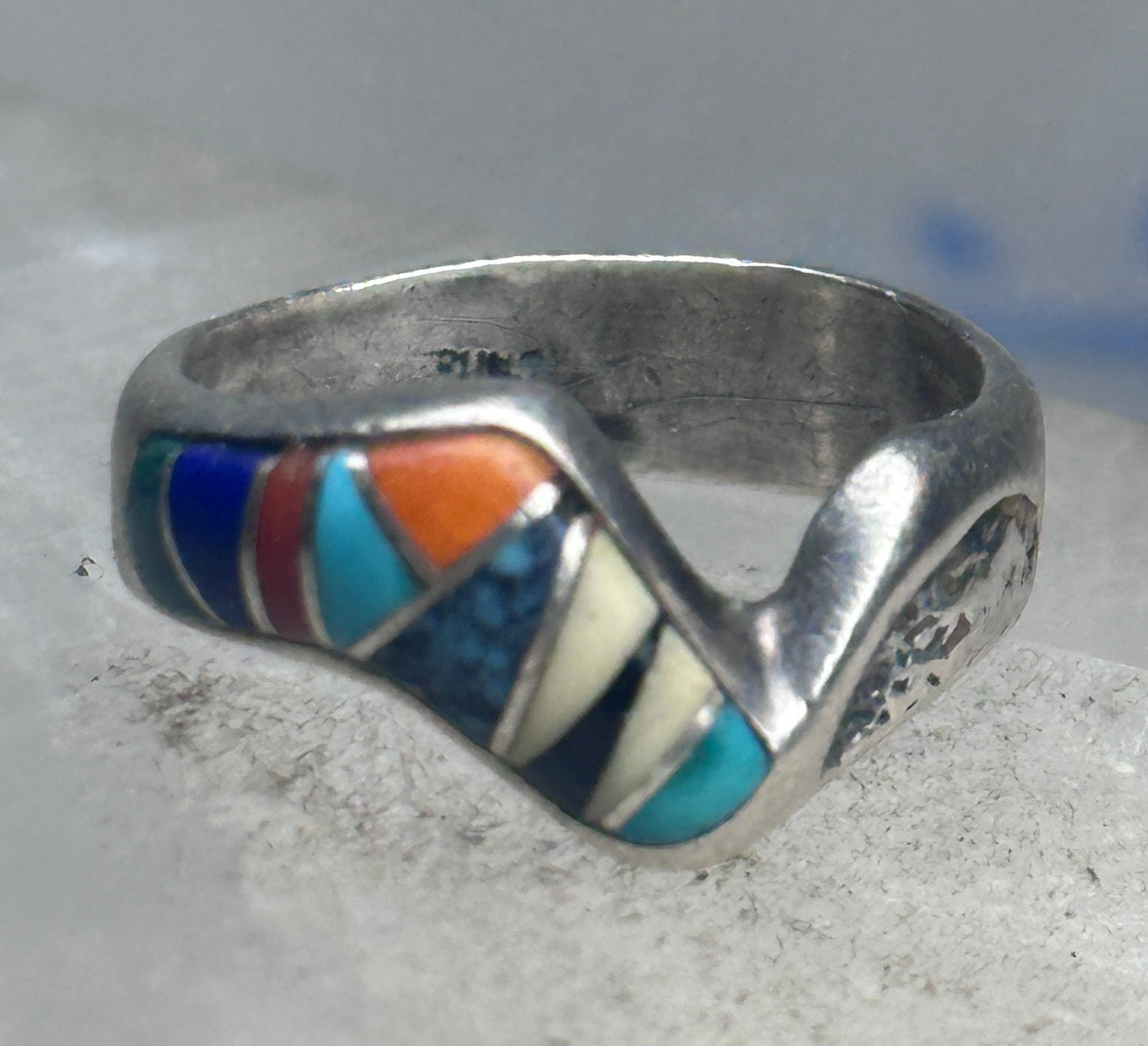 Vintage Zuni Multi-Stone Inlay Wave Band Ring Sterling Silver Size 5.25
