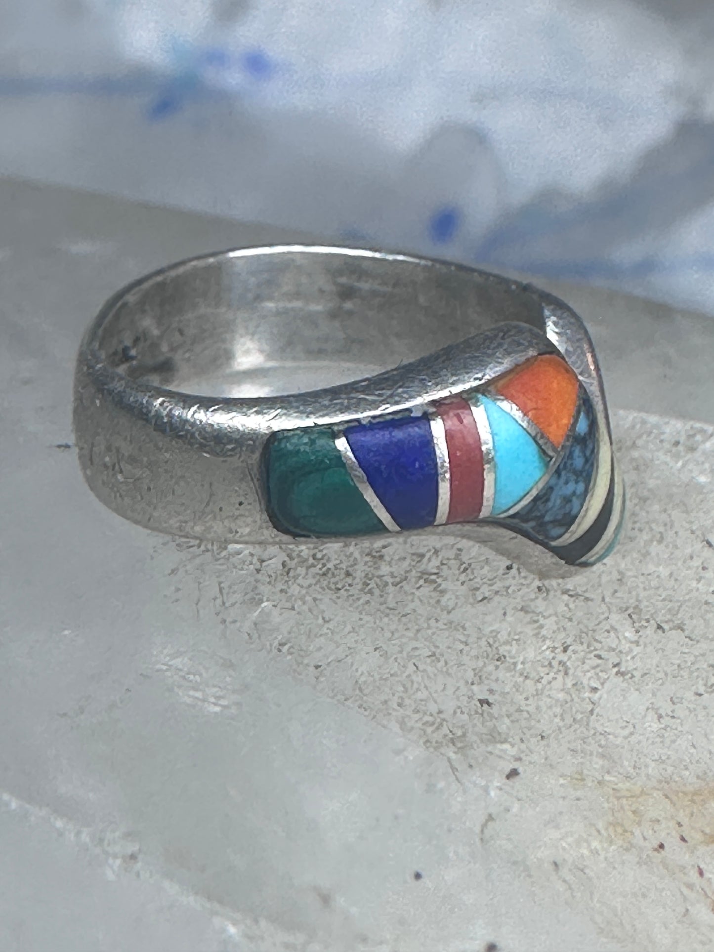 Vintage Zuni Multi-Stone Inlay Wave Band Ring Sterling Silver Size 5.25