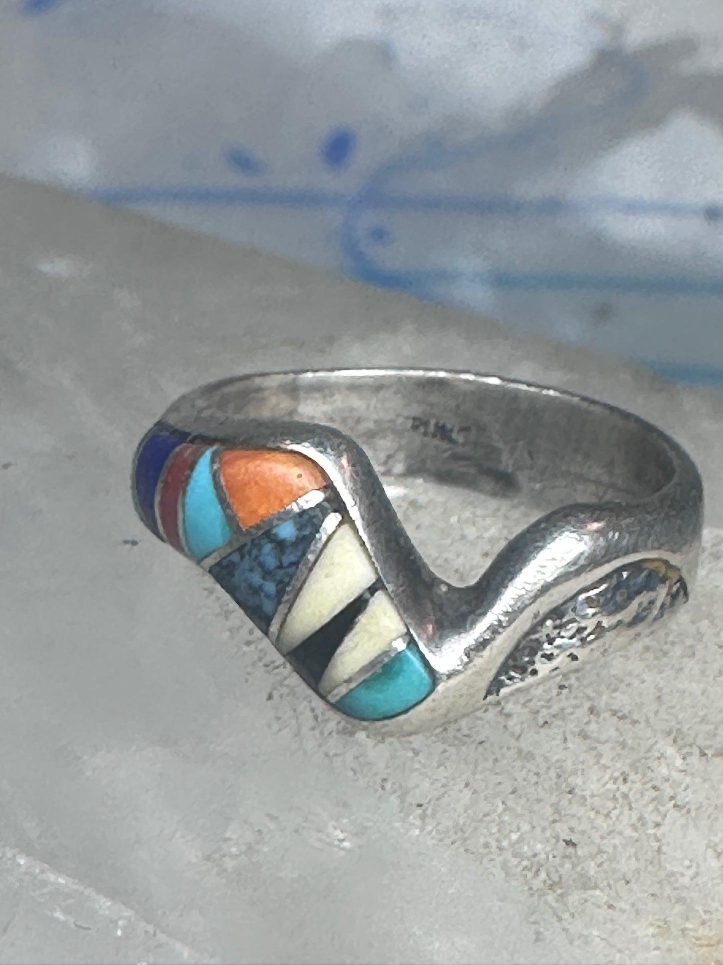 Vintage Zuni Multi-Stone Inlay Wave Band Ring Sterling Silver Size 5.25