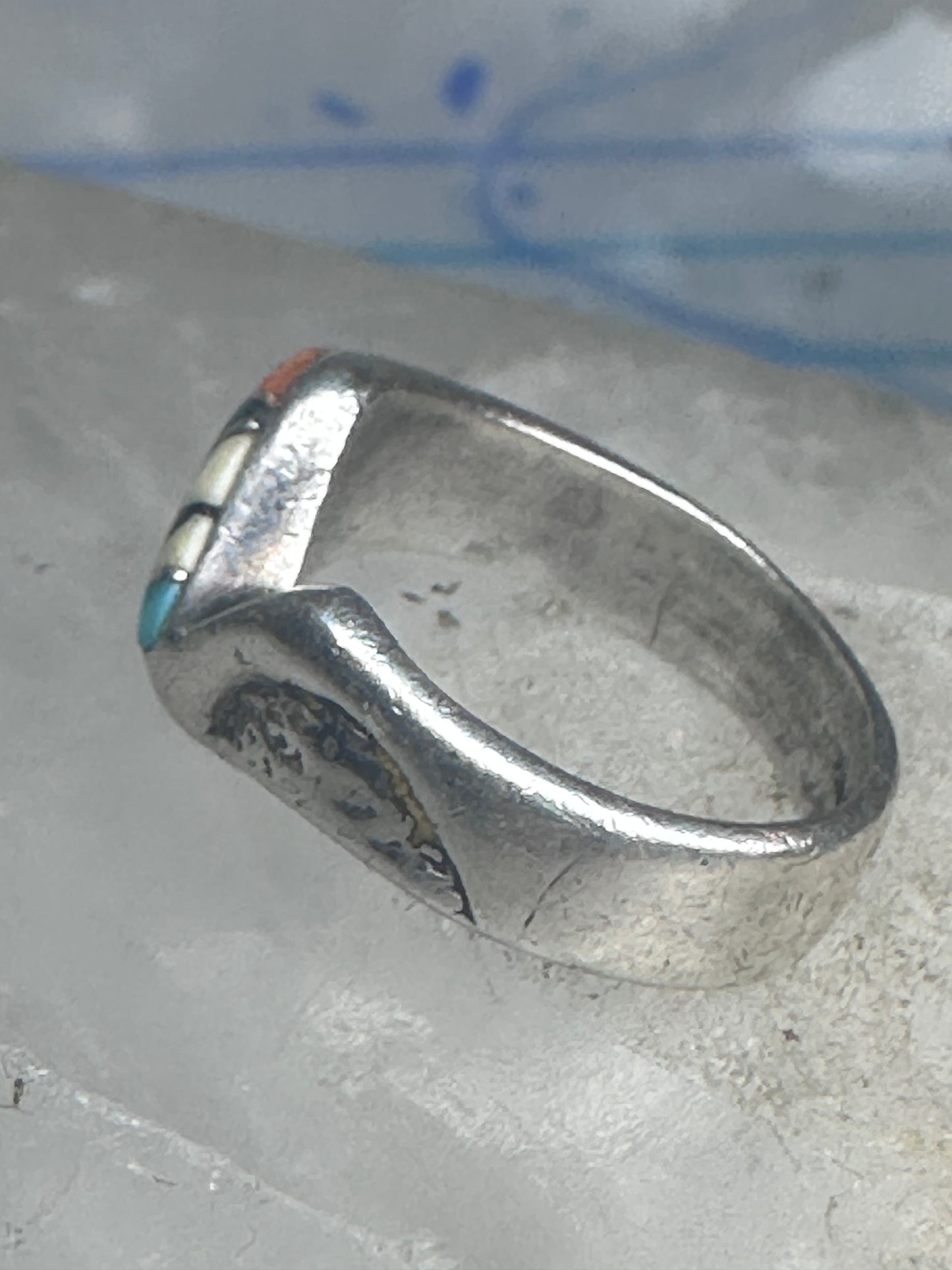 Vintage Zuni Multi-Stone Inlay Wave Band Ring Sterling Silver Size 5.25