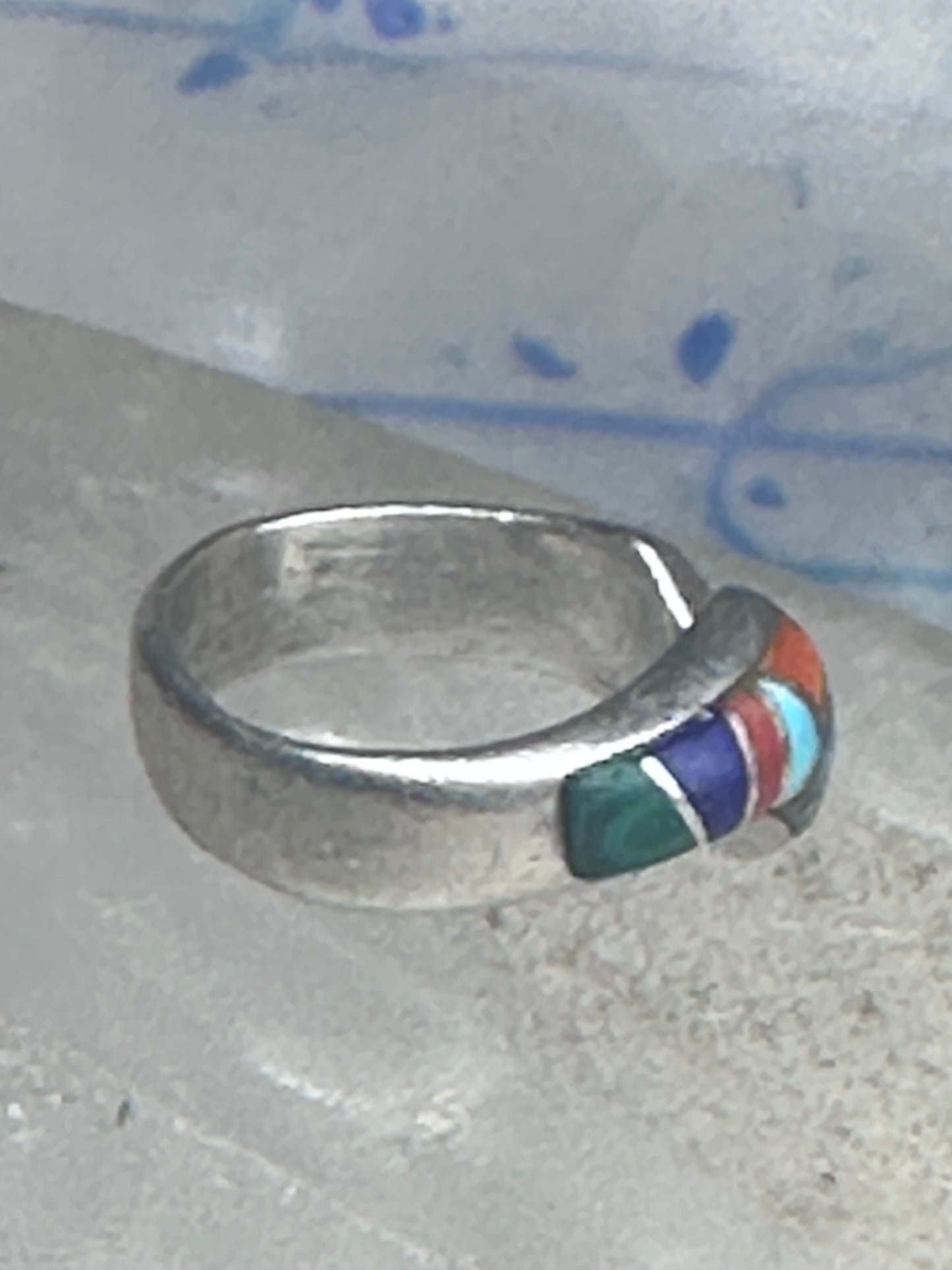 Vintage Zuni Multi-Stone Inlay Wave Band Ring Sterling Silver Size 5.25