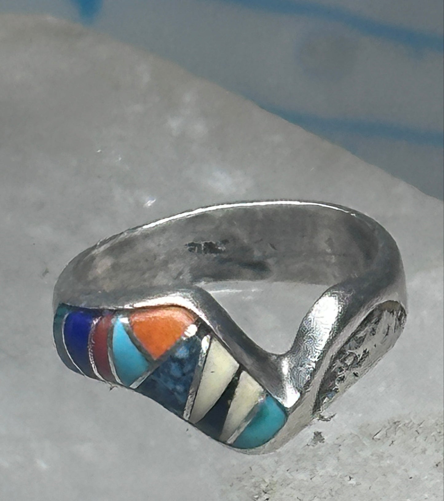 Vintage Zuni Multi-Stone Inlay Wave Band Ring Sterling Silver Size 5.25