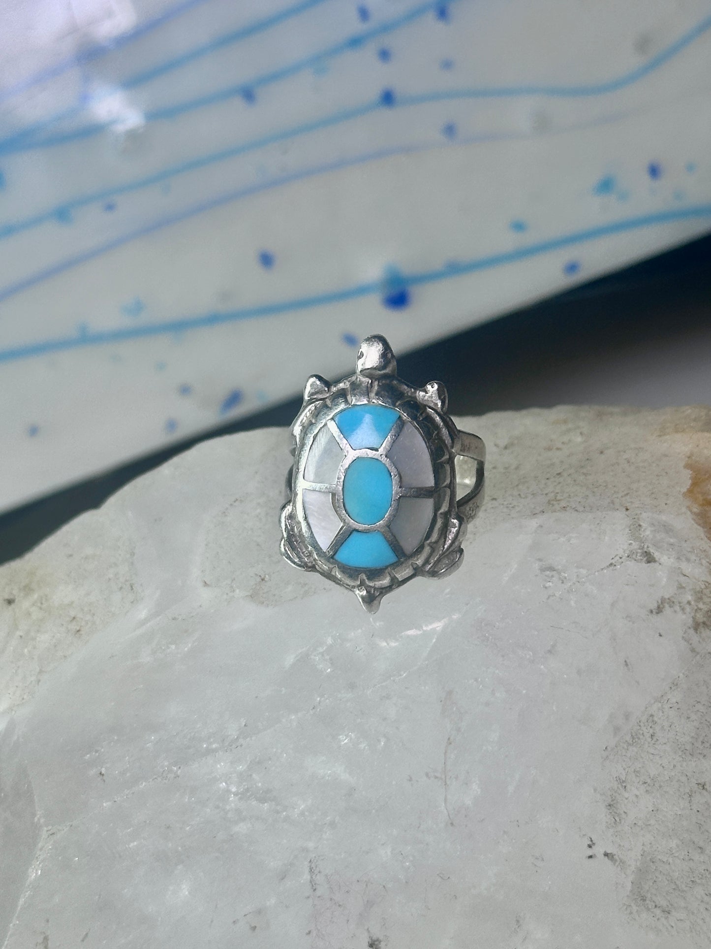 Navajo turtle Ring turquoise mop band size 7.50 sterling silver women girls