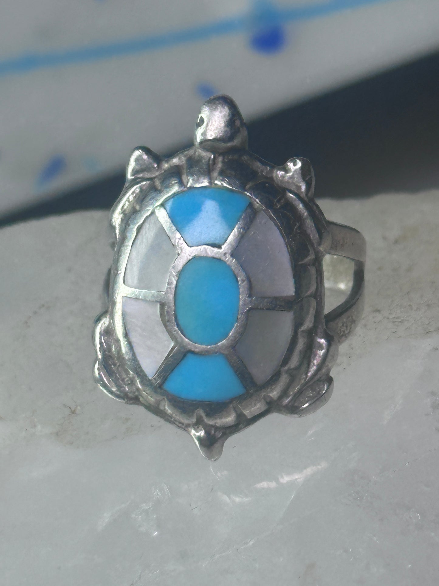 Navajo turtle Ring turquoise mop band size 7.50 sterling silver women girls