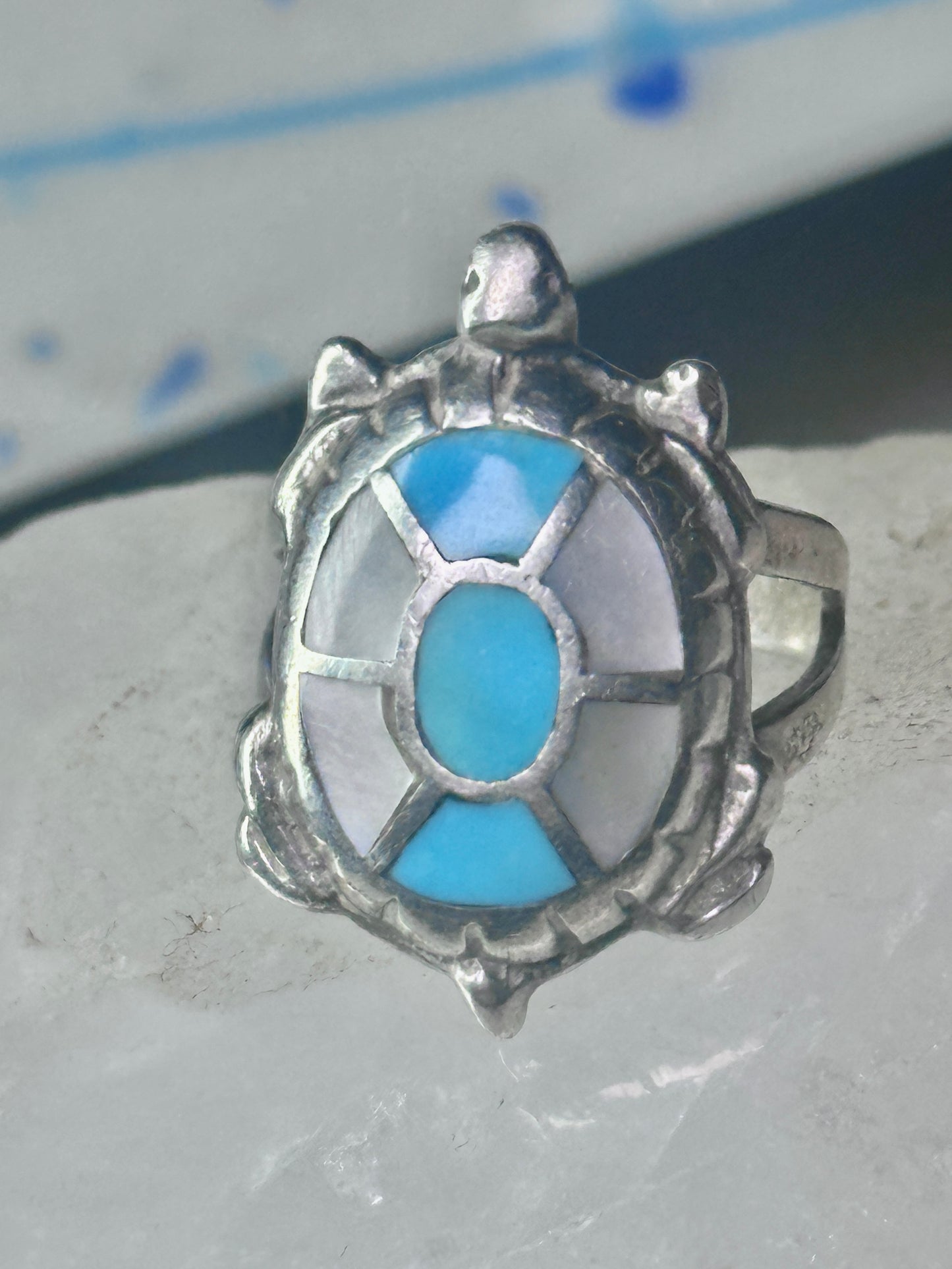 Navajo turtle Ring turquoise mop band size 7.50 sterling silver women girls