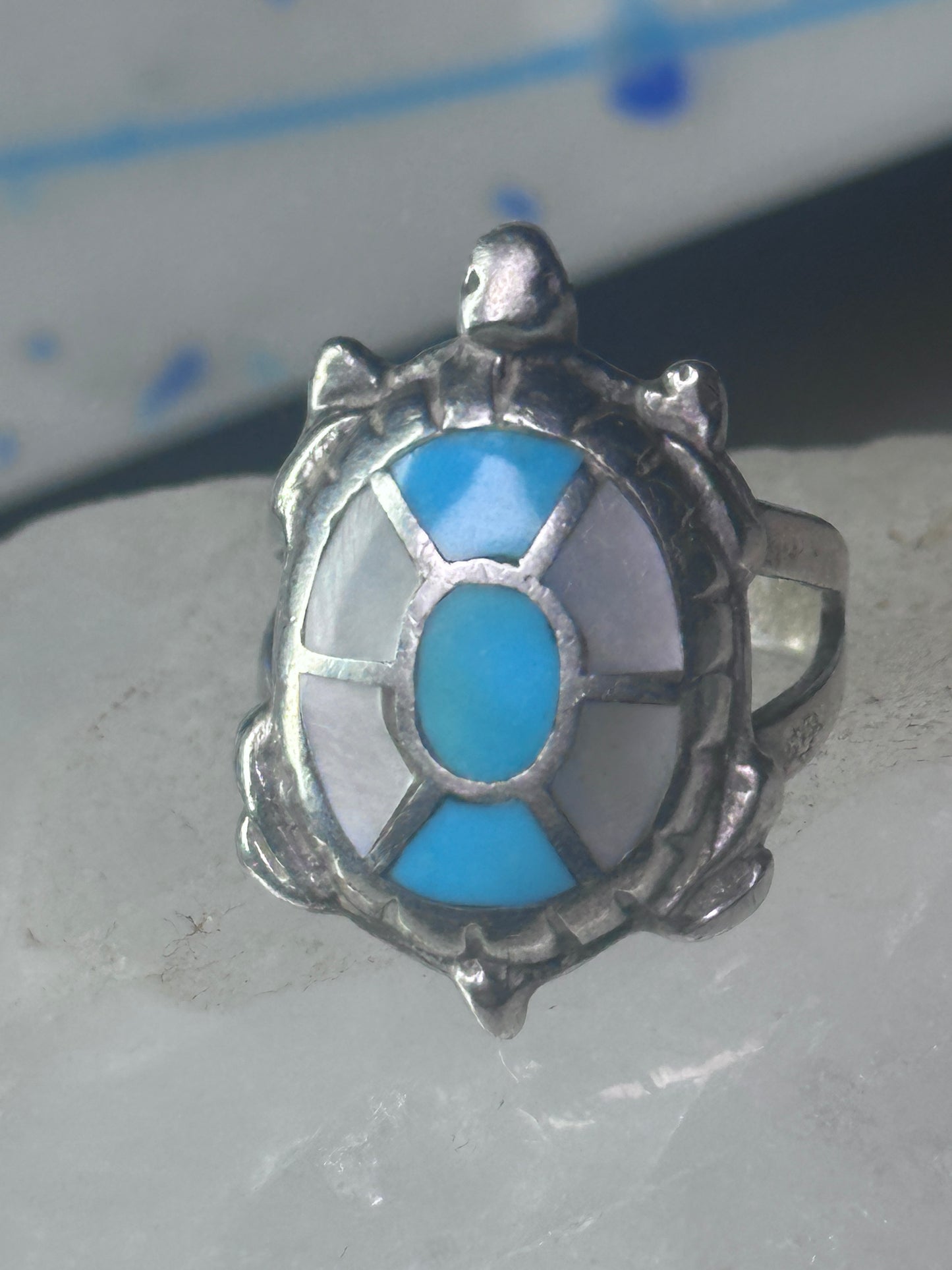 Navajo turtle Ring turquoise mop band size 7.50 sterling silver women girls