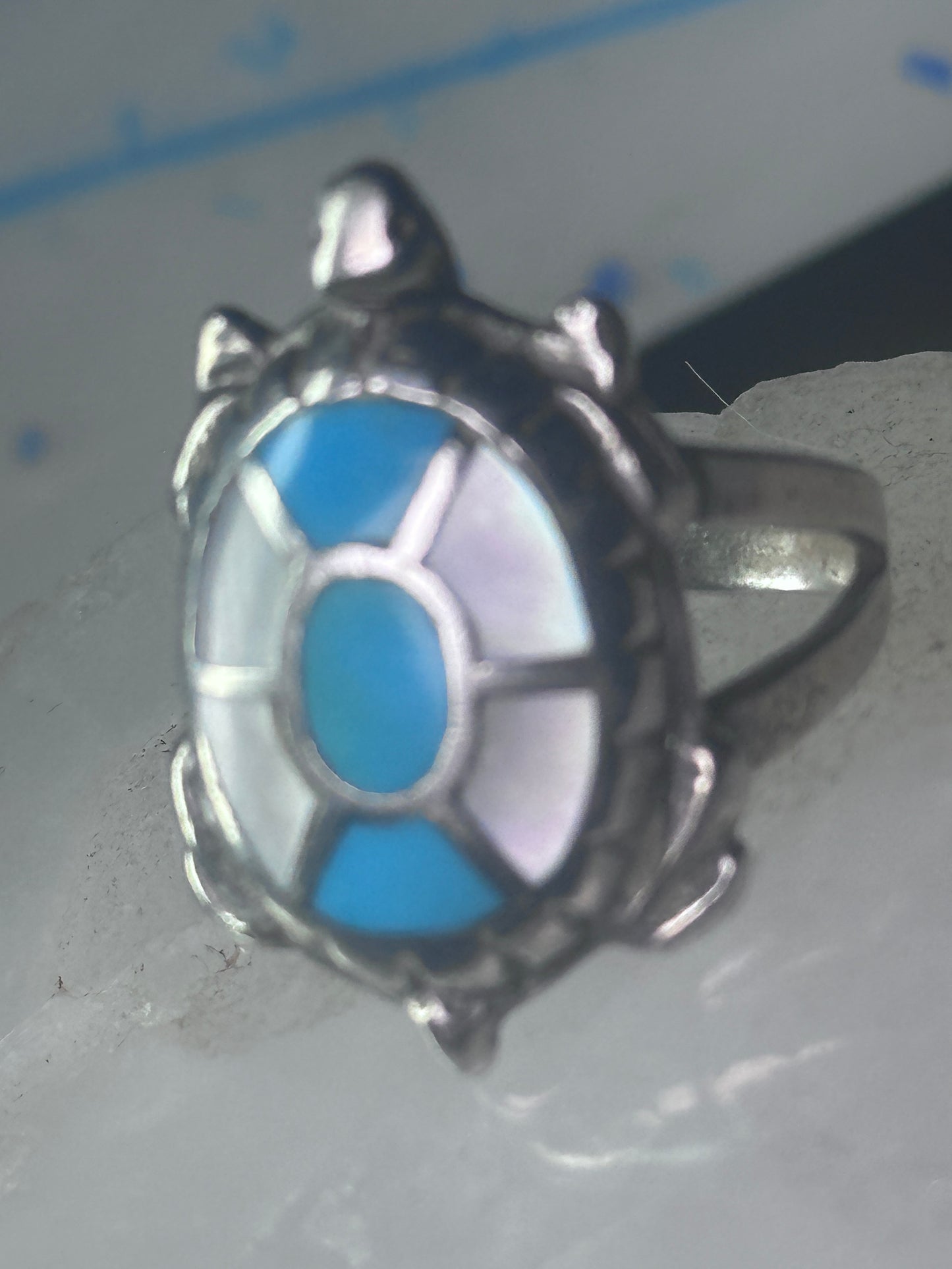 Navajo turtle Ring turquoise mop band size 7.50 sterling silver women girls