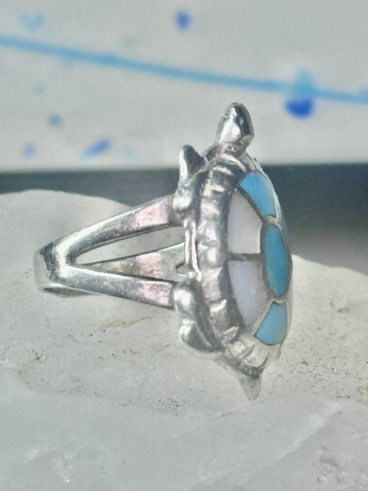 Navajo turtle Ring turquoise mop band size 7.50 sterling silver women girls