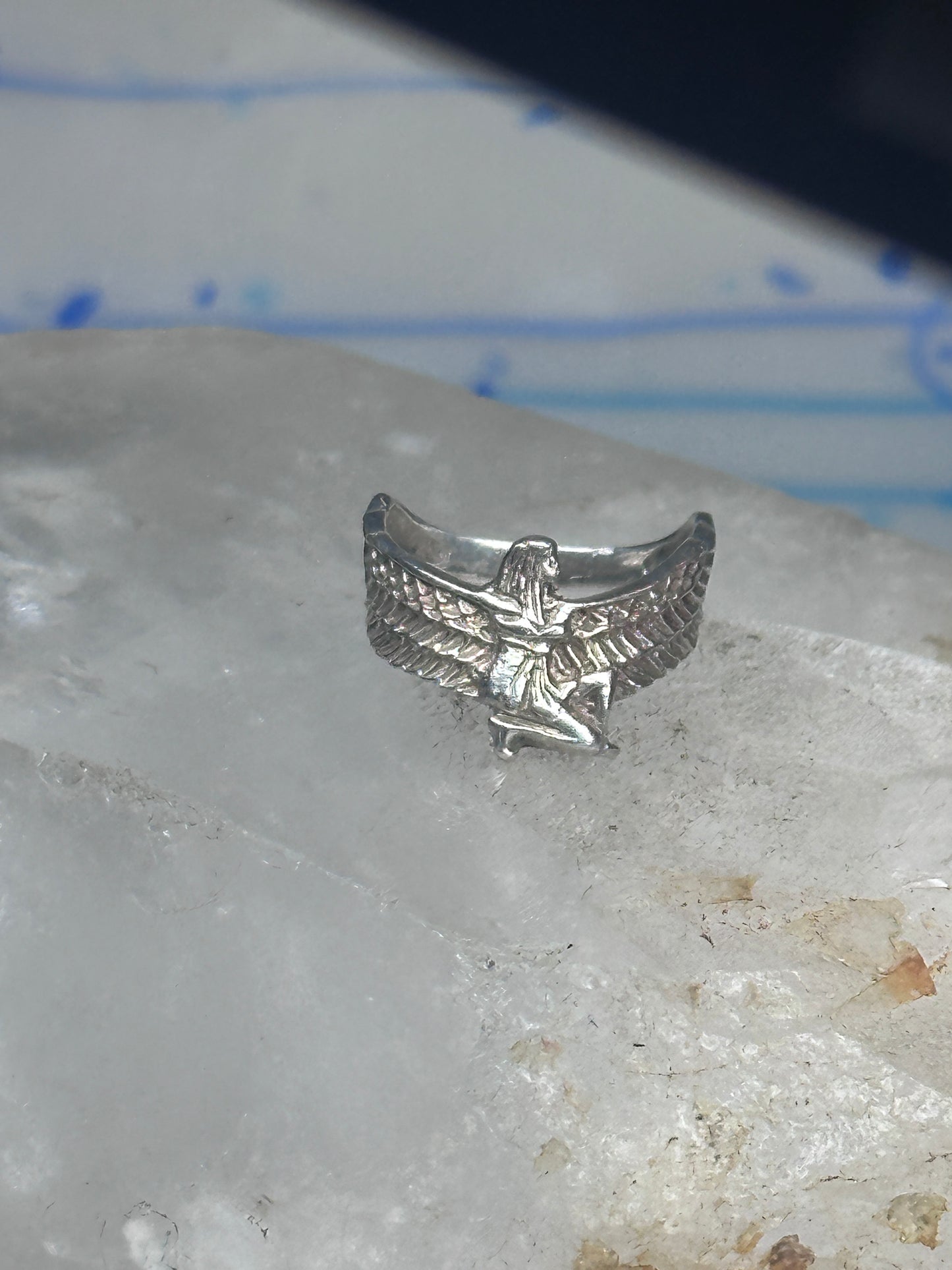 Vintage Sterling Silver Winged Goddess Isis Ring Size 5 Pinky Band 2.5g