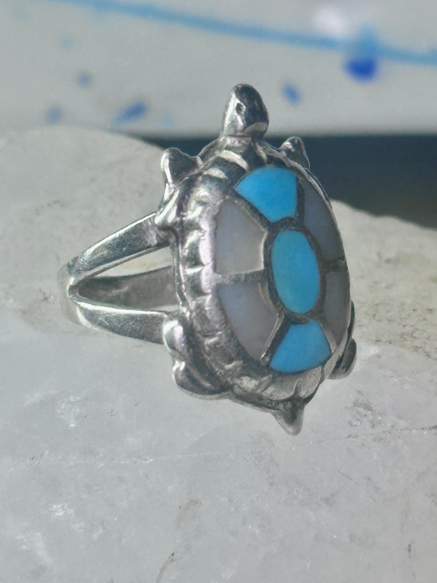 Navajo turtle Ring turquoise mop band size 7.50 sterling silver women girls