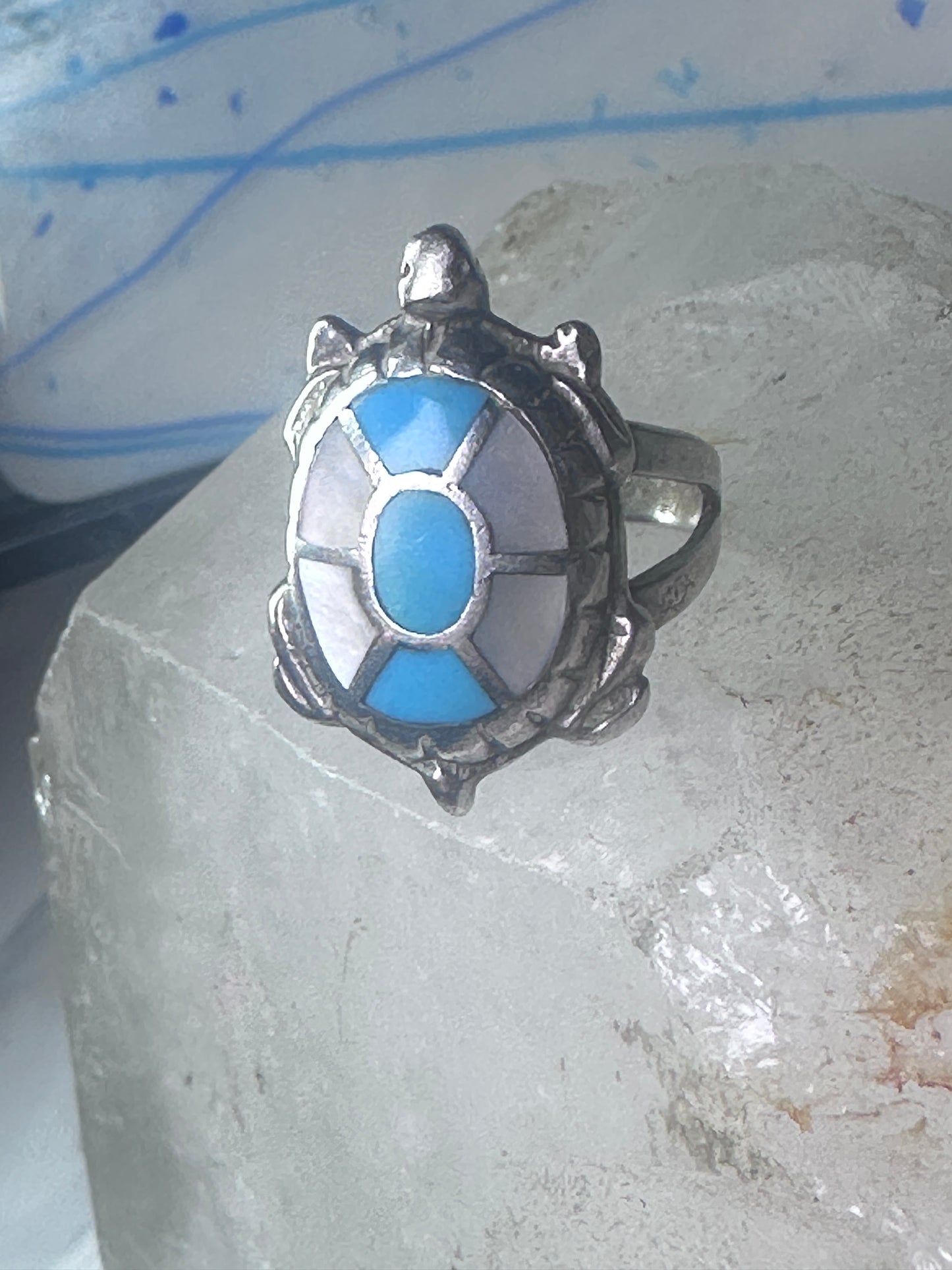 Navajo turtle Ring turquoise mop band size 7.50 sterling silver women girls