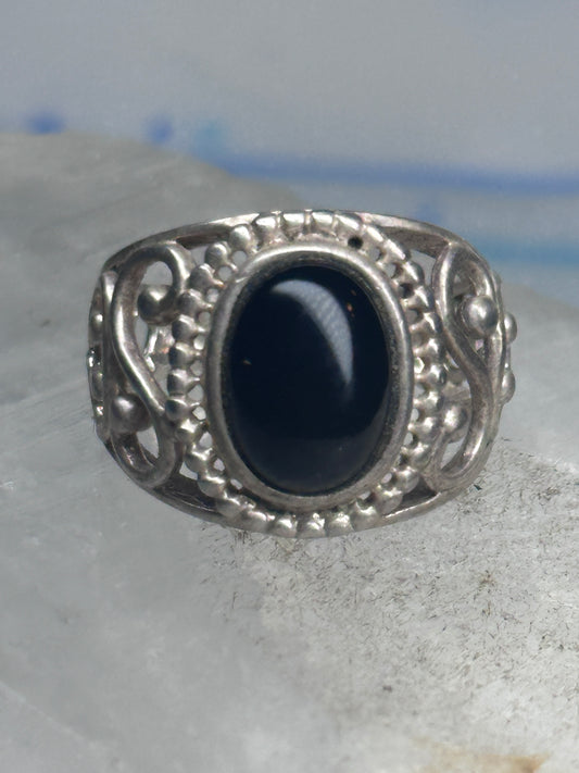 Vintage Sterling Silver Black Onyx Filigree Openwork Ring Size 5.50