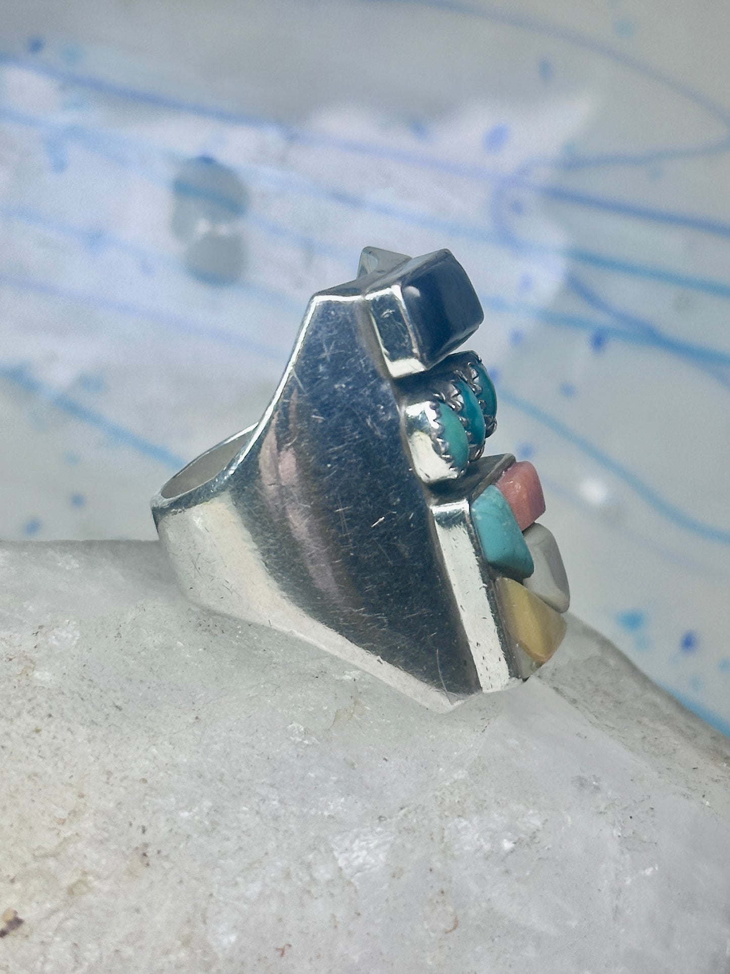 Navajo Ring turquoise coral onyx mop band size 11 sterling silver men
