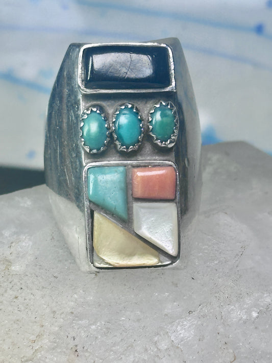 Navajo Ring turquoise coral onyx mop band size 11 sterling silver men