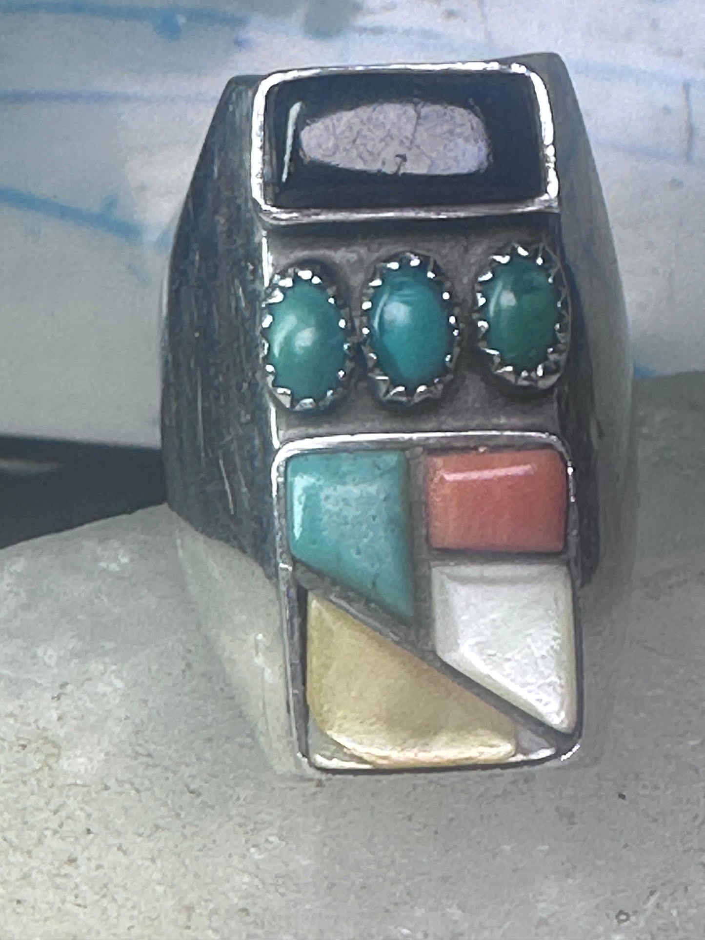 Navajo Ring turquoise coral onyx mop band size 11 sterling silver men