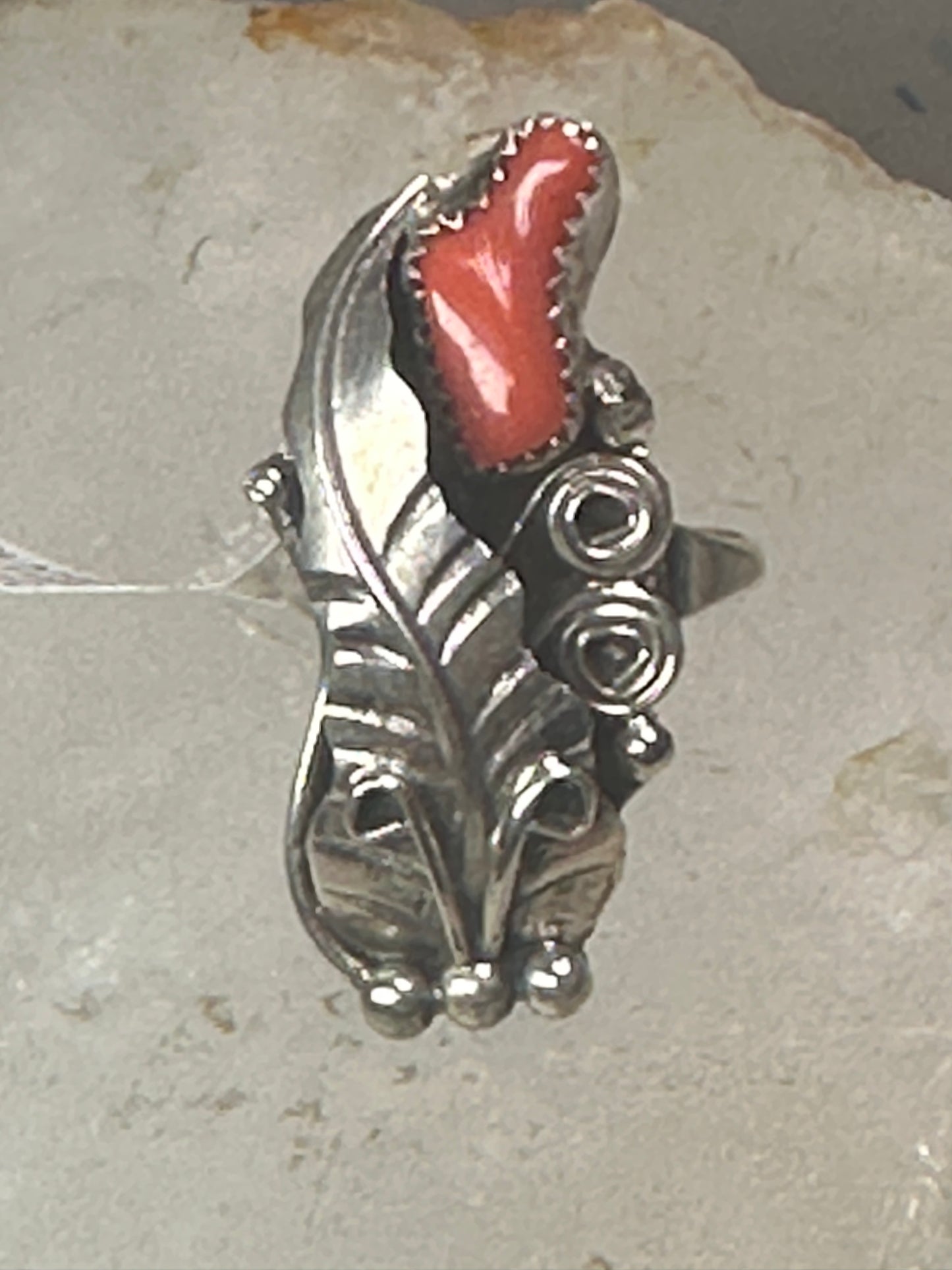 Navajo ring coral feather size 5.50 Rolanda Martinez sterling silver women