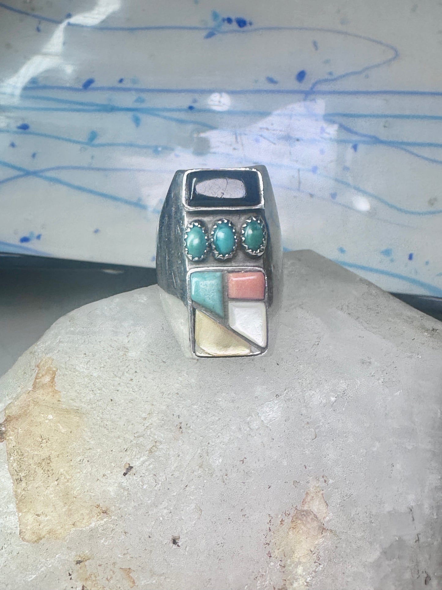 Navajo Ring turquoise coral onyx mop band size 11 sterling silver men