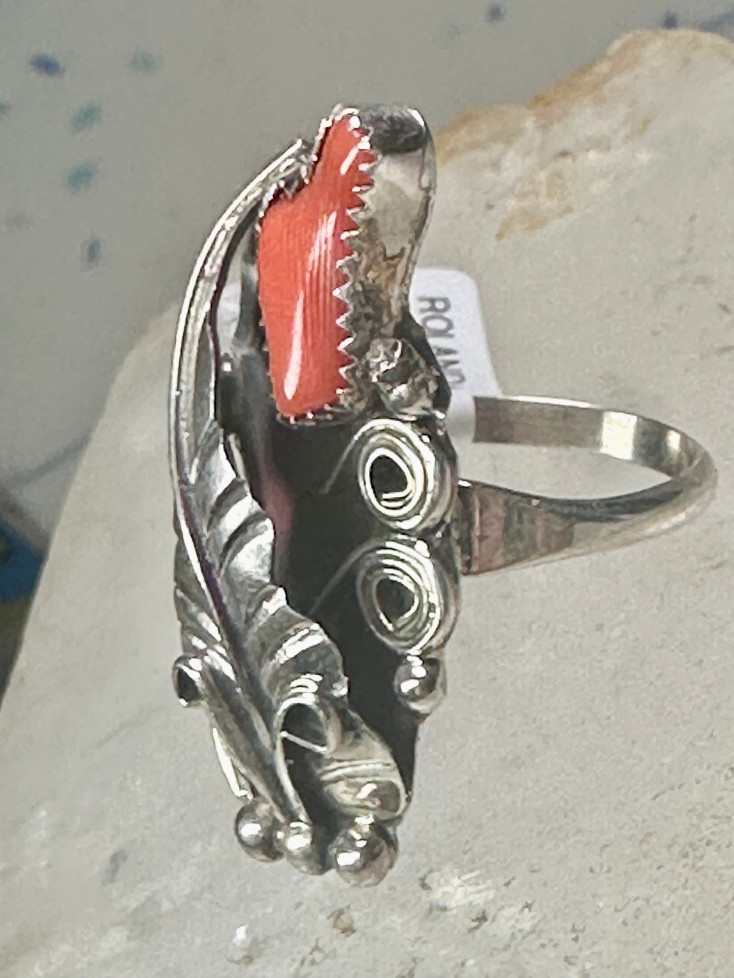 Navajo ring coral feather size 5.50 Rolanda Martinez sterling silver women