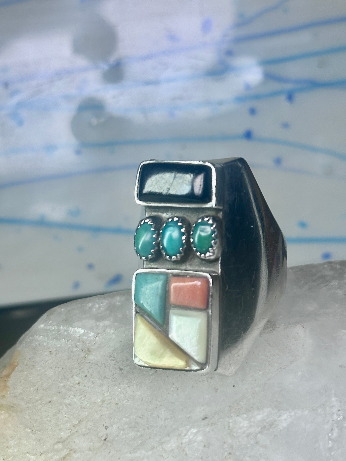Navajo Ring turquoise coral onyx mop band size 11 sterling silver men
