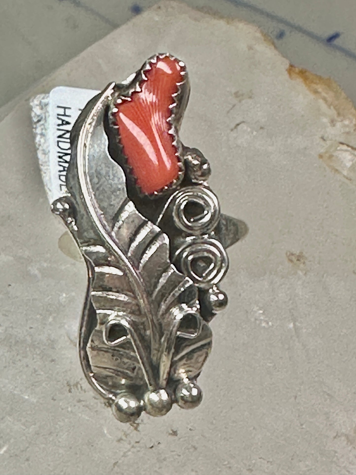 Navajo ring coral feather size 5.50 Rolanda Martinez sterling silver women