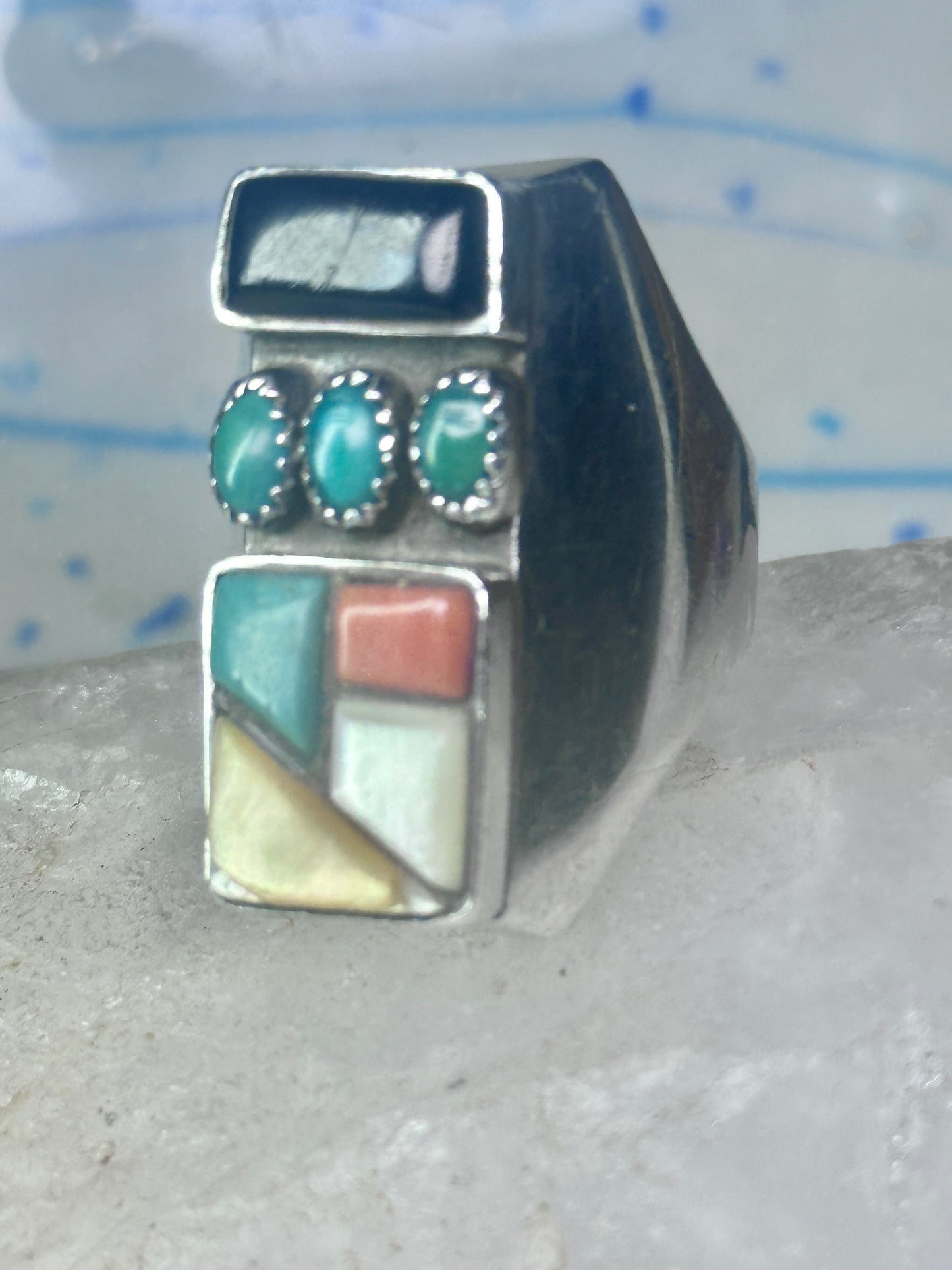 Navajo Ring turquoise coral onyx mop band size 11 sterling silver men
