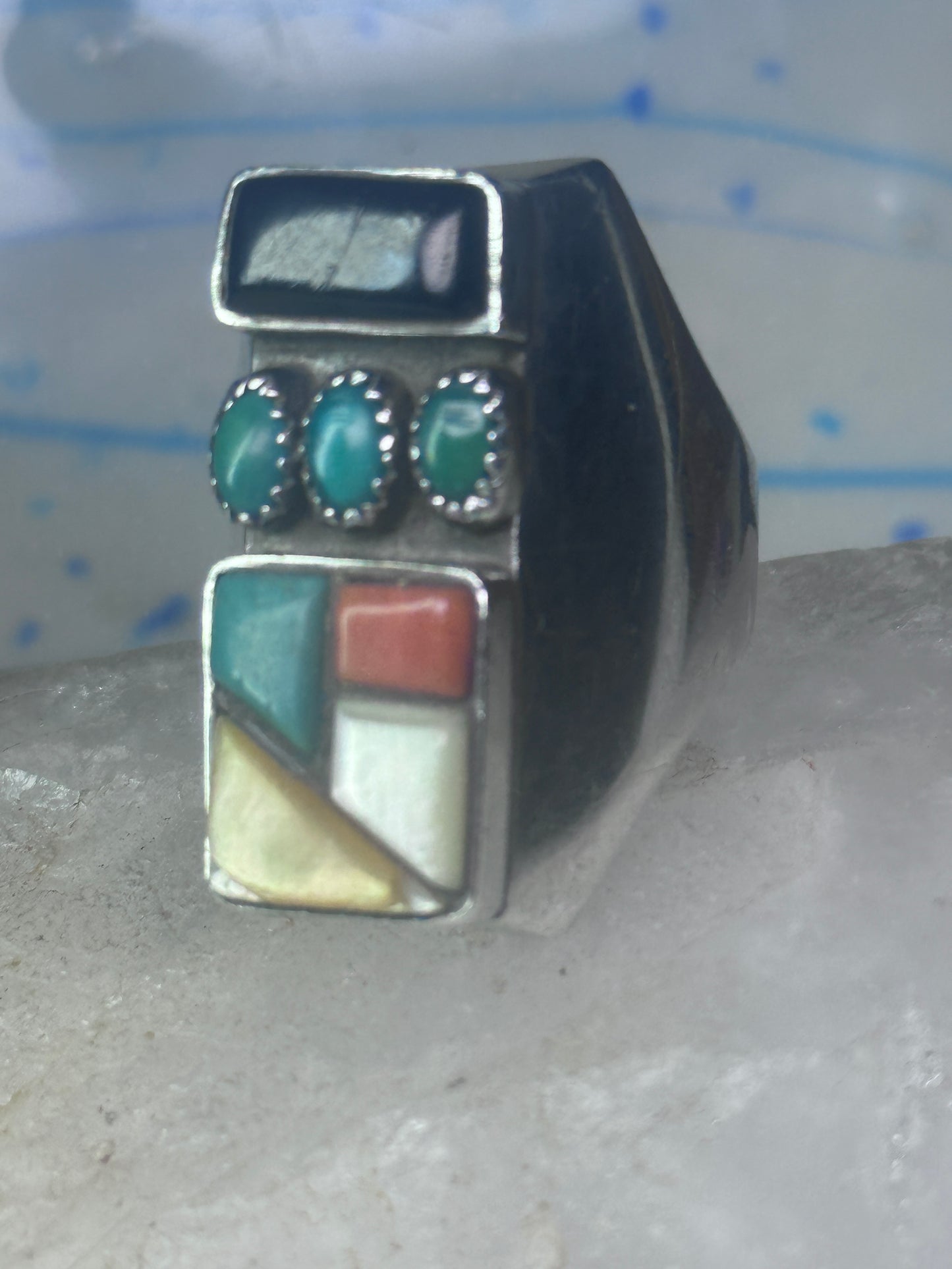 Navajo Ring turquoise coral onyx mop band size 11 sterling silver men