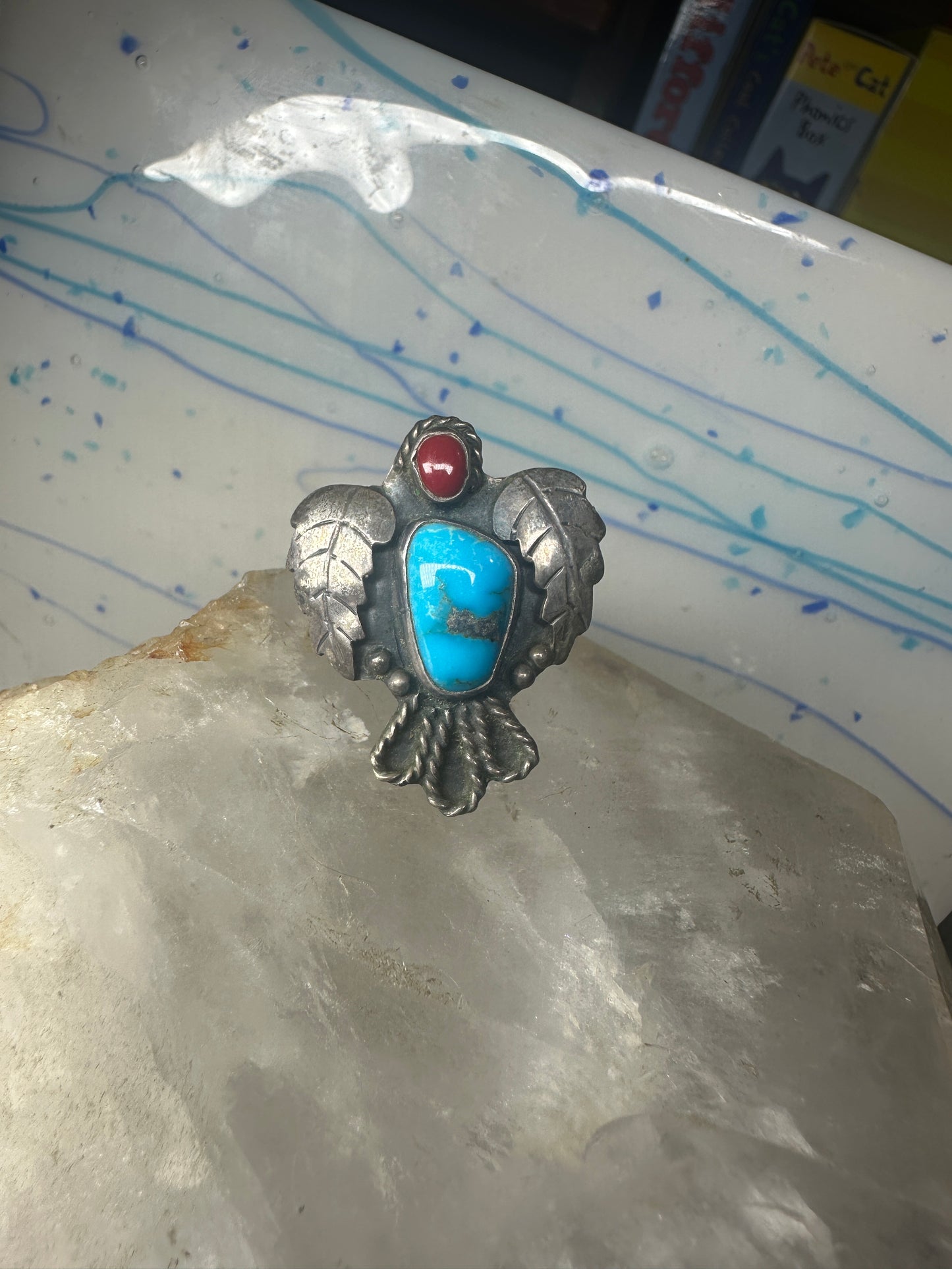 Phoenix ring Navajo turquoise coral size 9 sterling silver women