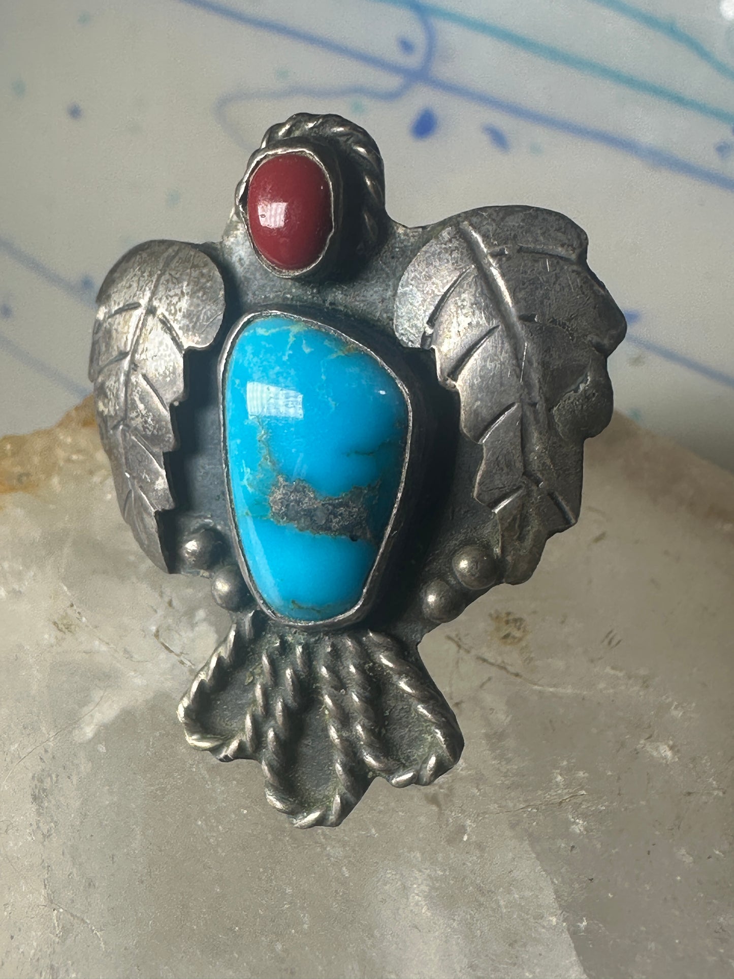 Phoenix ring Navajo turquoise coral size 9 sterling silver women
