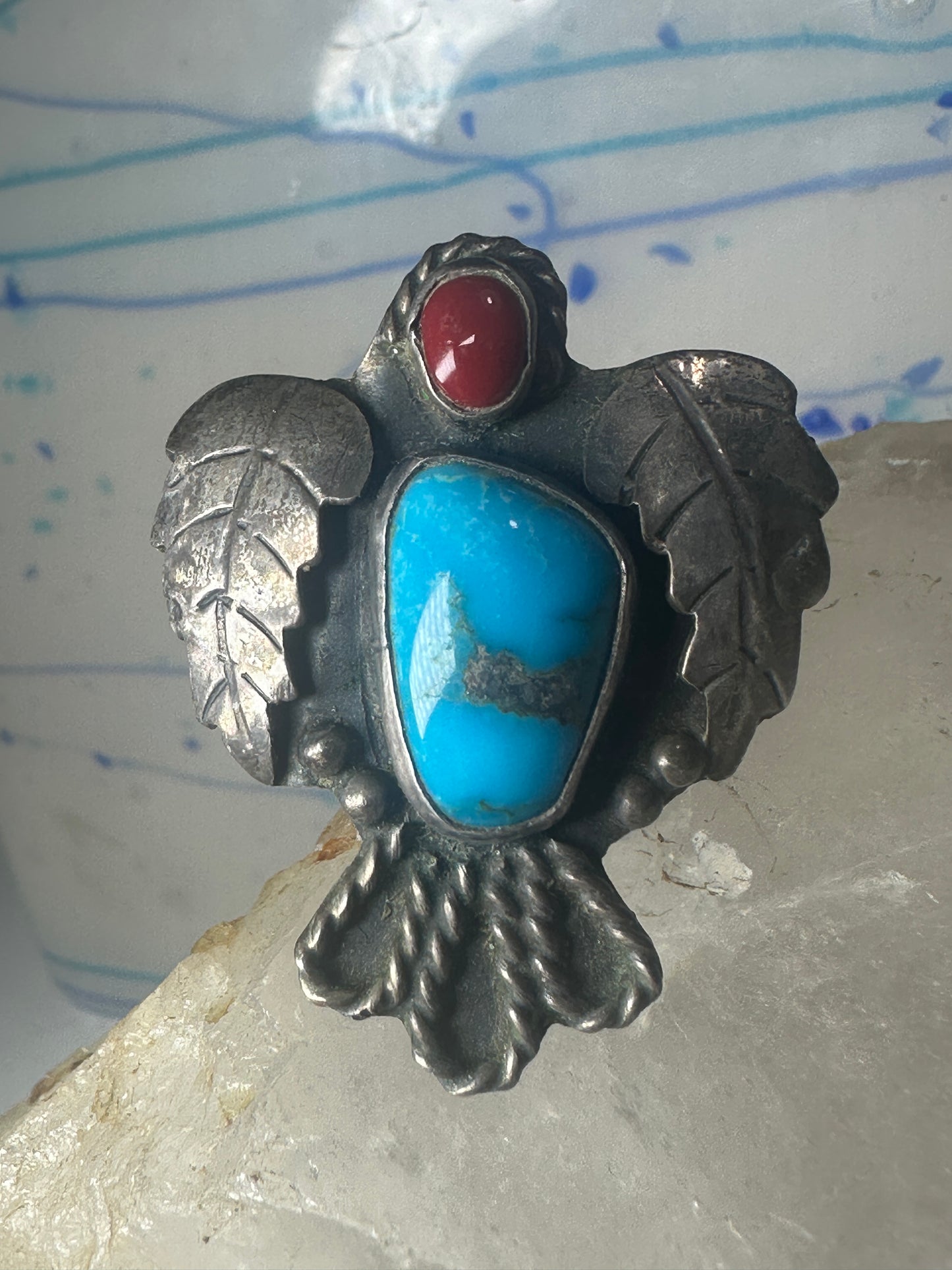 Phoenix ring Navajo turquoise coral size 9 sterling silver women