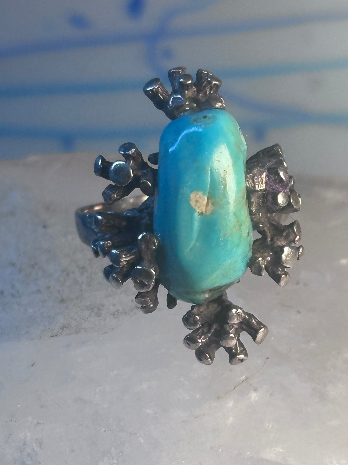 Turquoise ring long brutalist sterling silver size 9 women