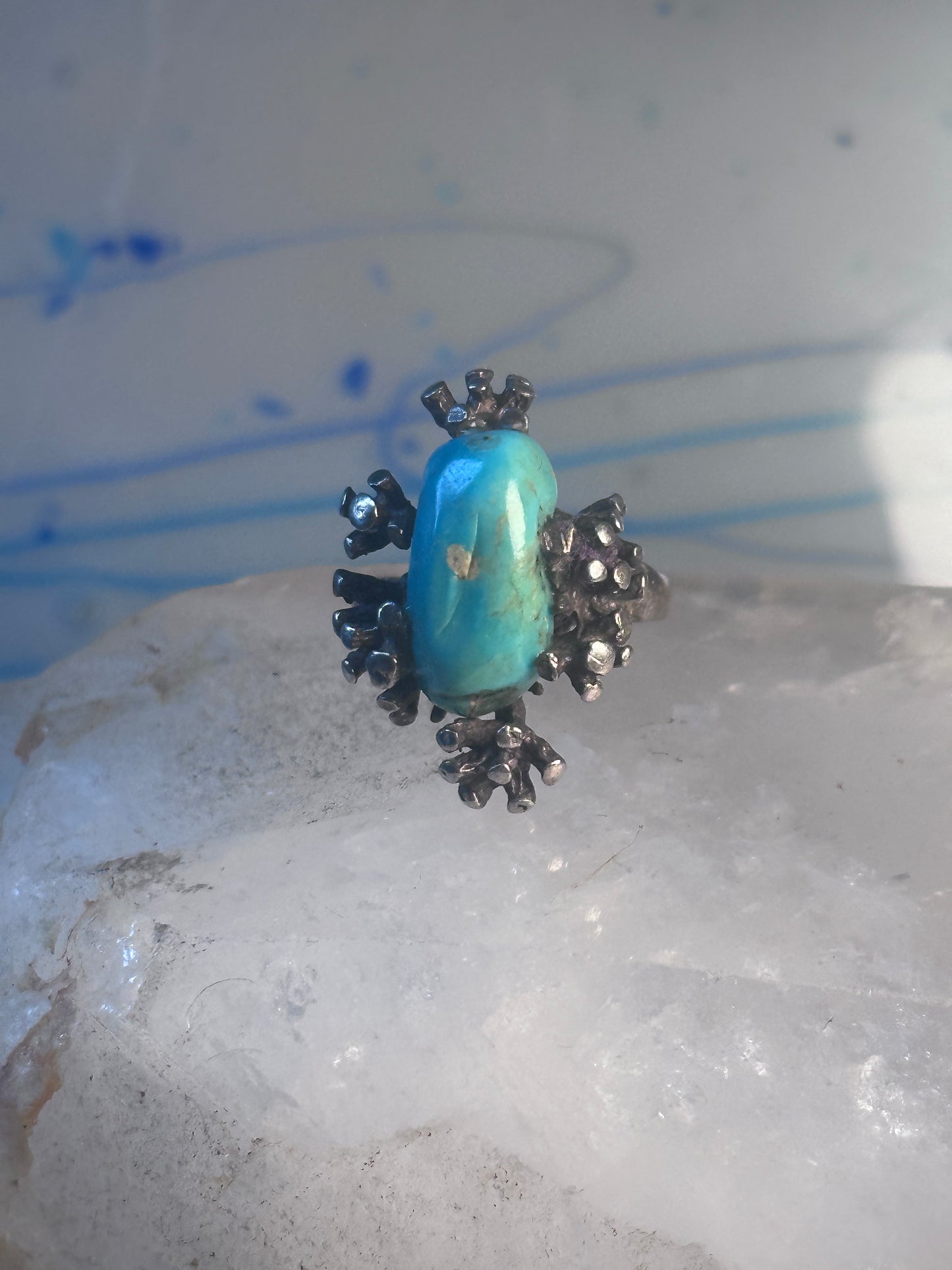 Turquoise ring long brutalist sterling silver size 9 women