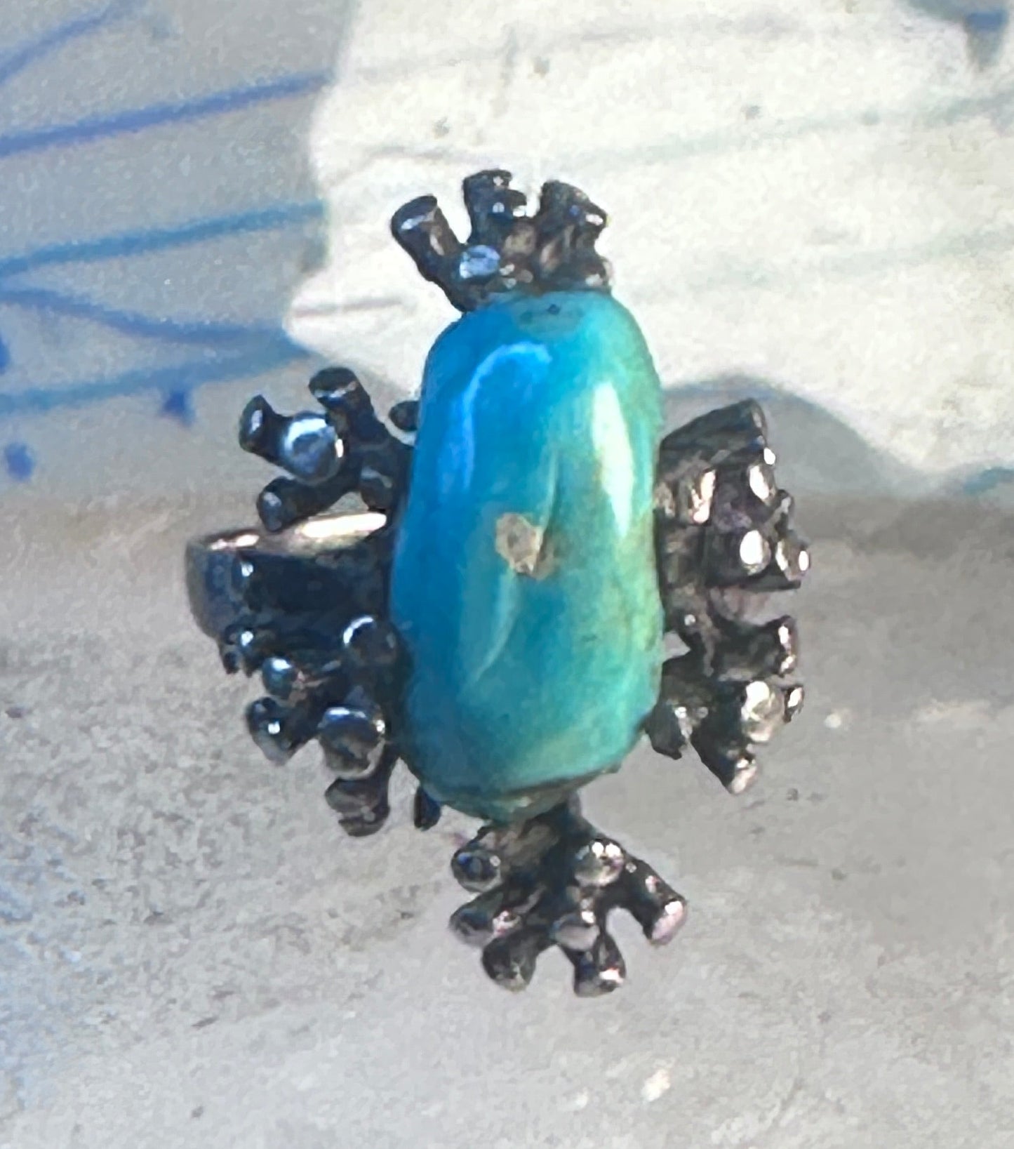 Turquoise ring long brutalist sterling silver size 9 women