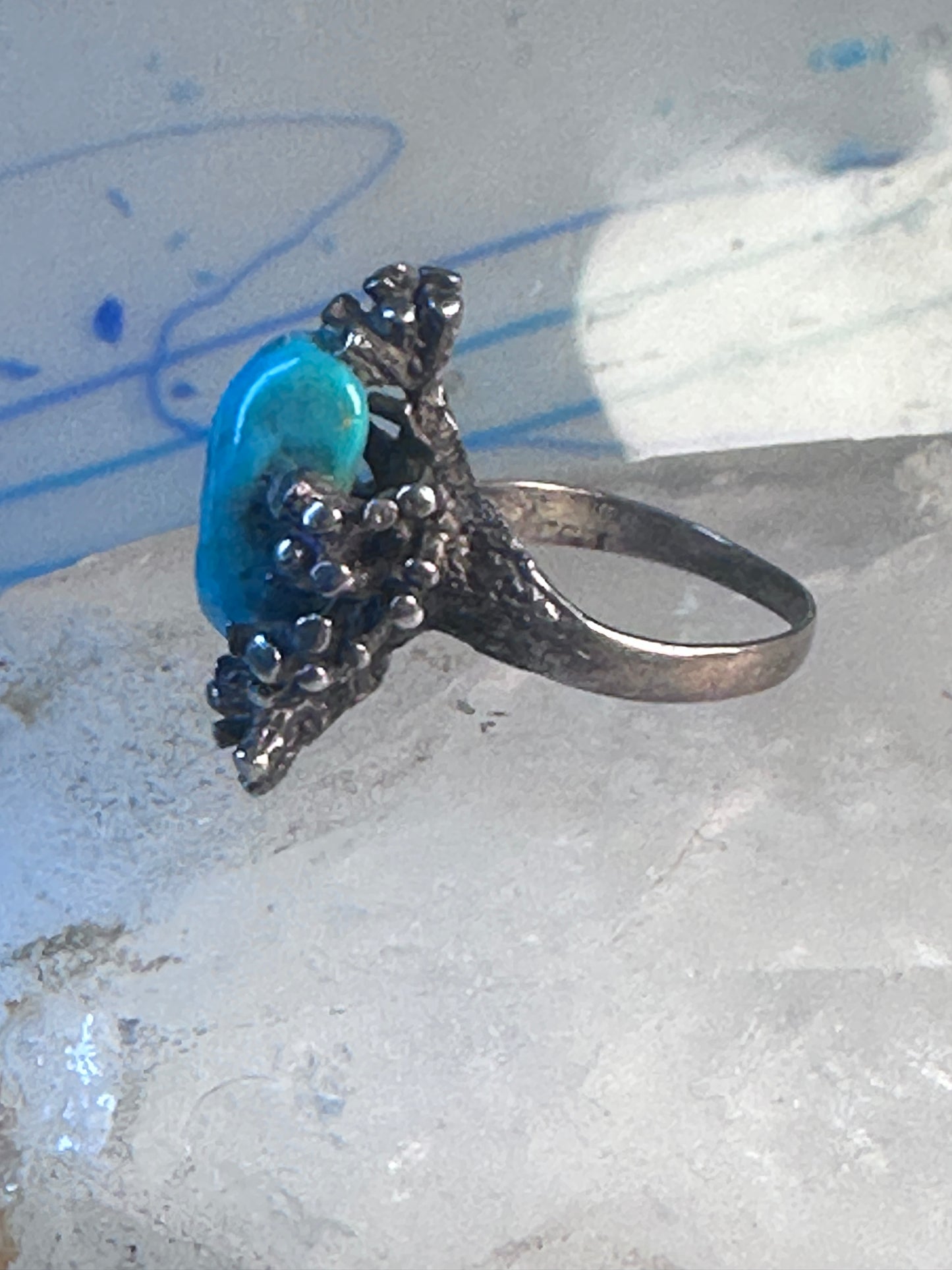 Turquoise ring long brutalist sterling silver size 9 women