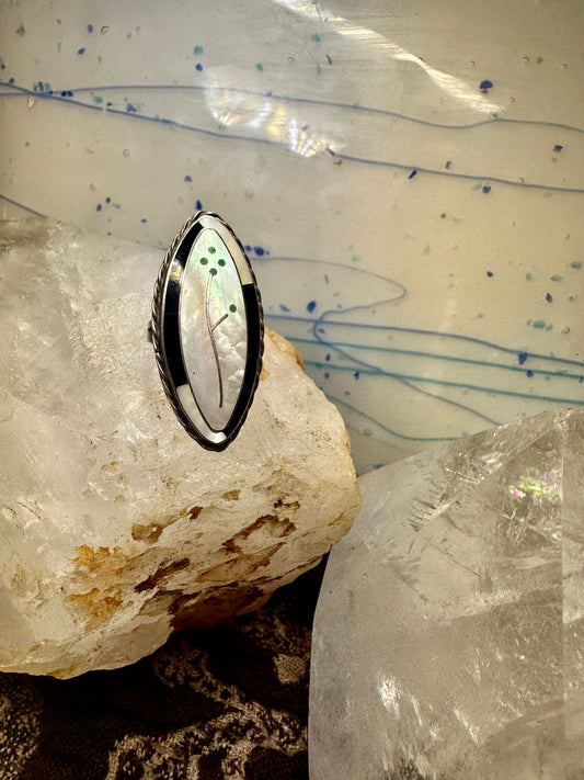 Zuni ring Turquoise flower size 6.50  slightly domed mother of pearl  sterling silver women