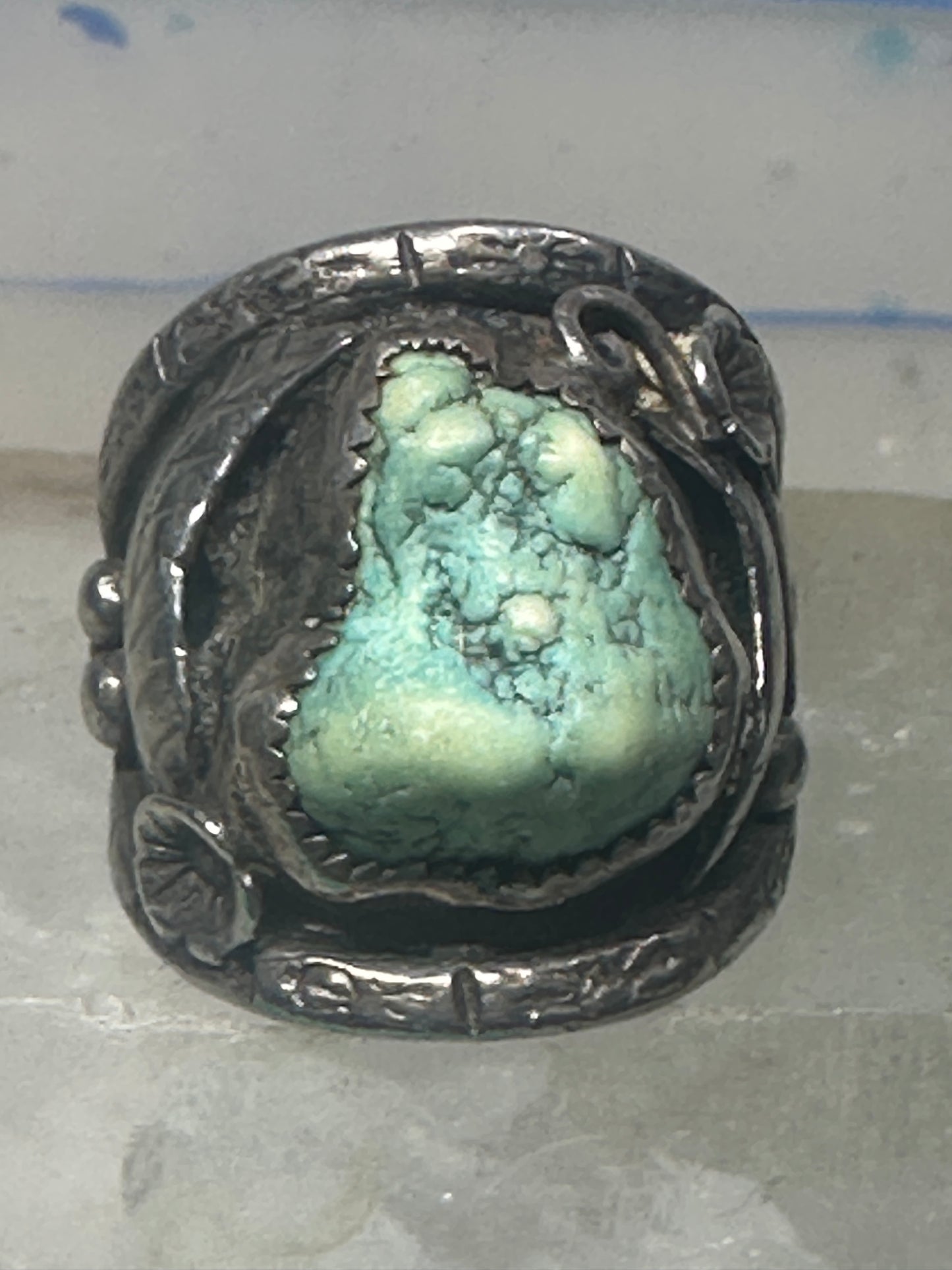Navajo ring turquoise cigar band flowers leaves size 9.25 sterling silver women men