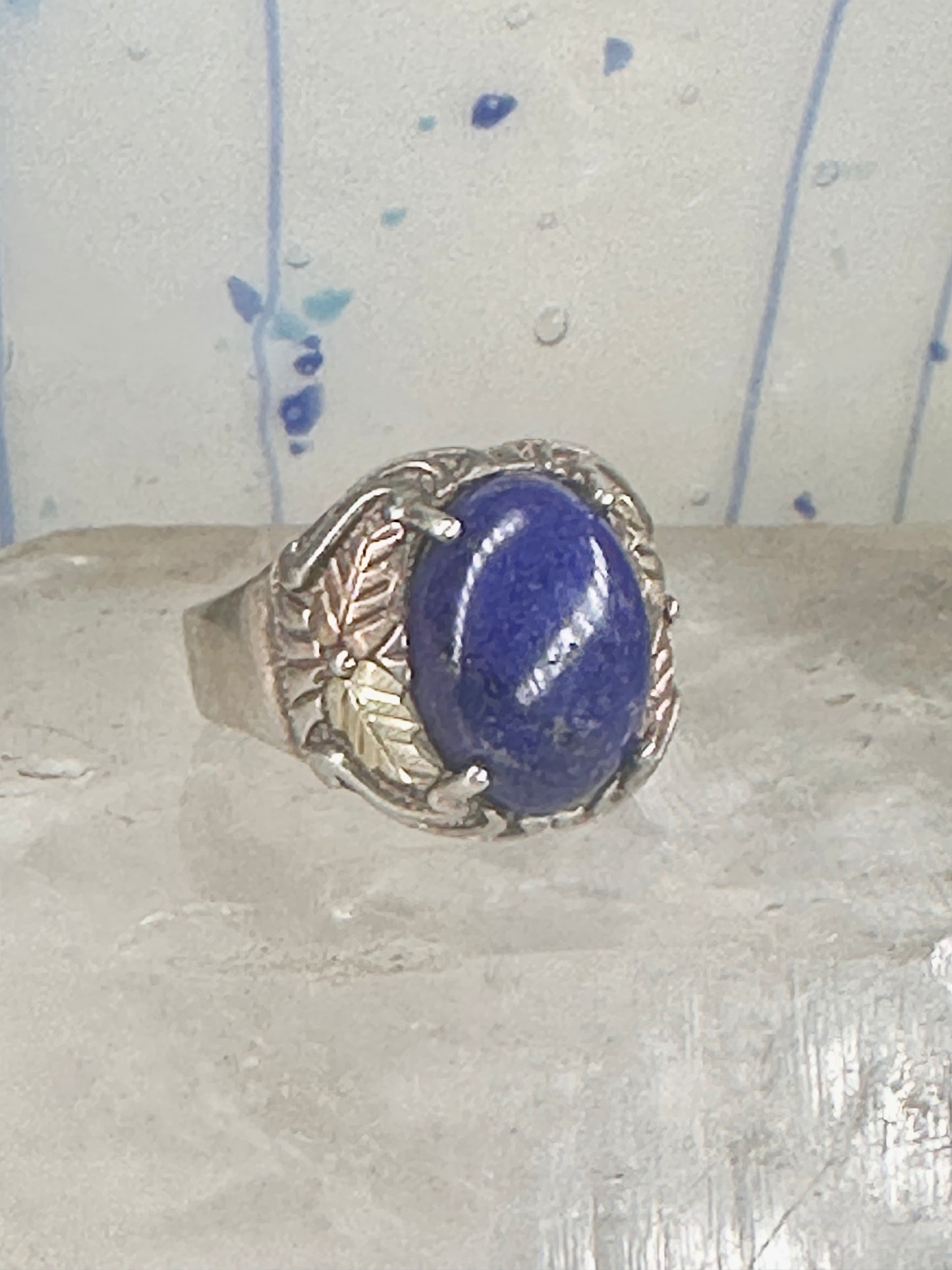Blue Hills Gold ring Blue lapis band leaves size 9.75 sterling silver women men
