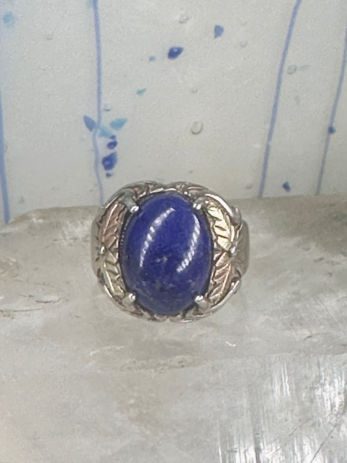 Blue Hills Gold ring Blue lapis band leaves size 9.75 sterling silver women men