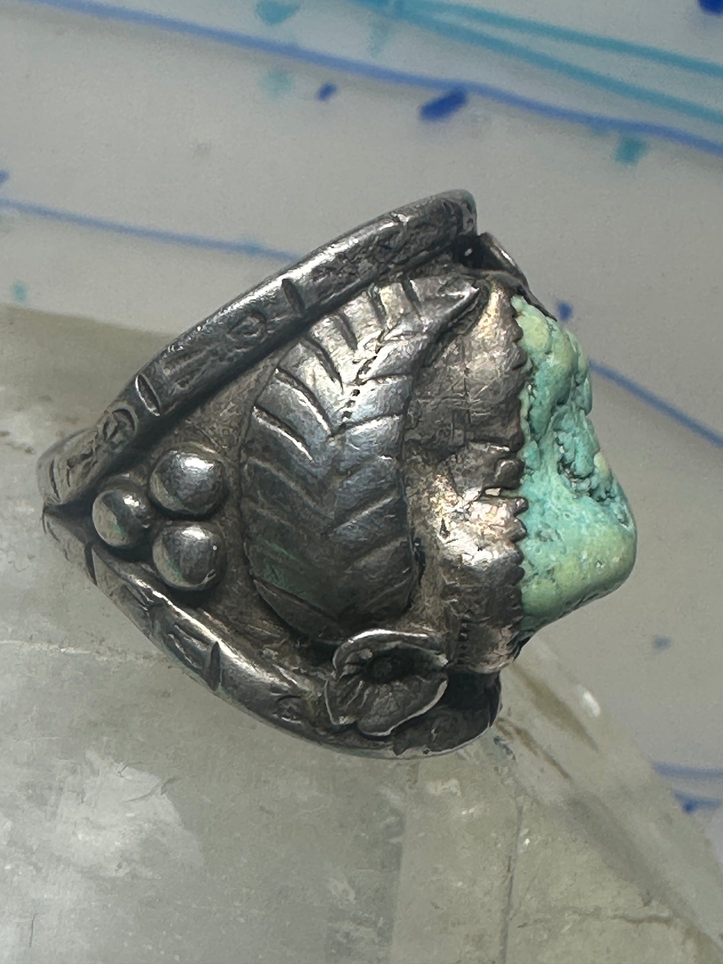 Navajo ring turquoise cigar band flowers leaves size 9.25 sterling silver women men