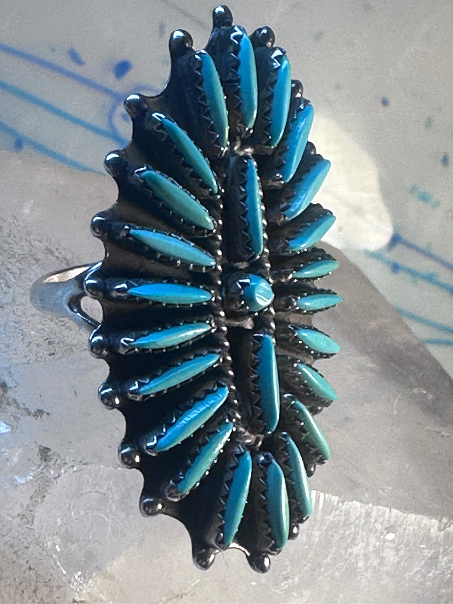 Zuni ring long turquoise petite point sterling silver size 10.50 women
