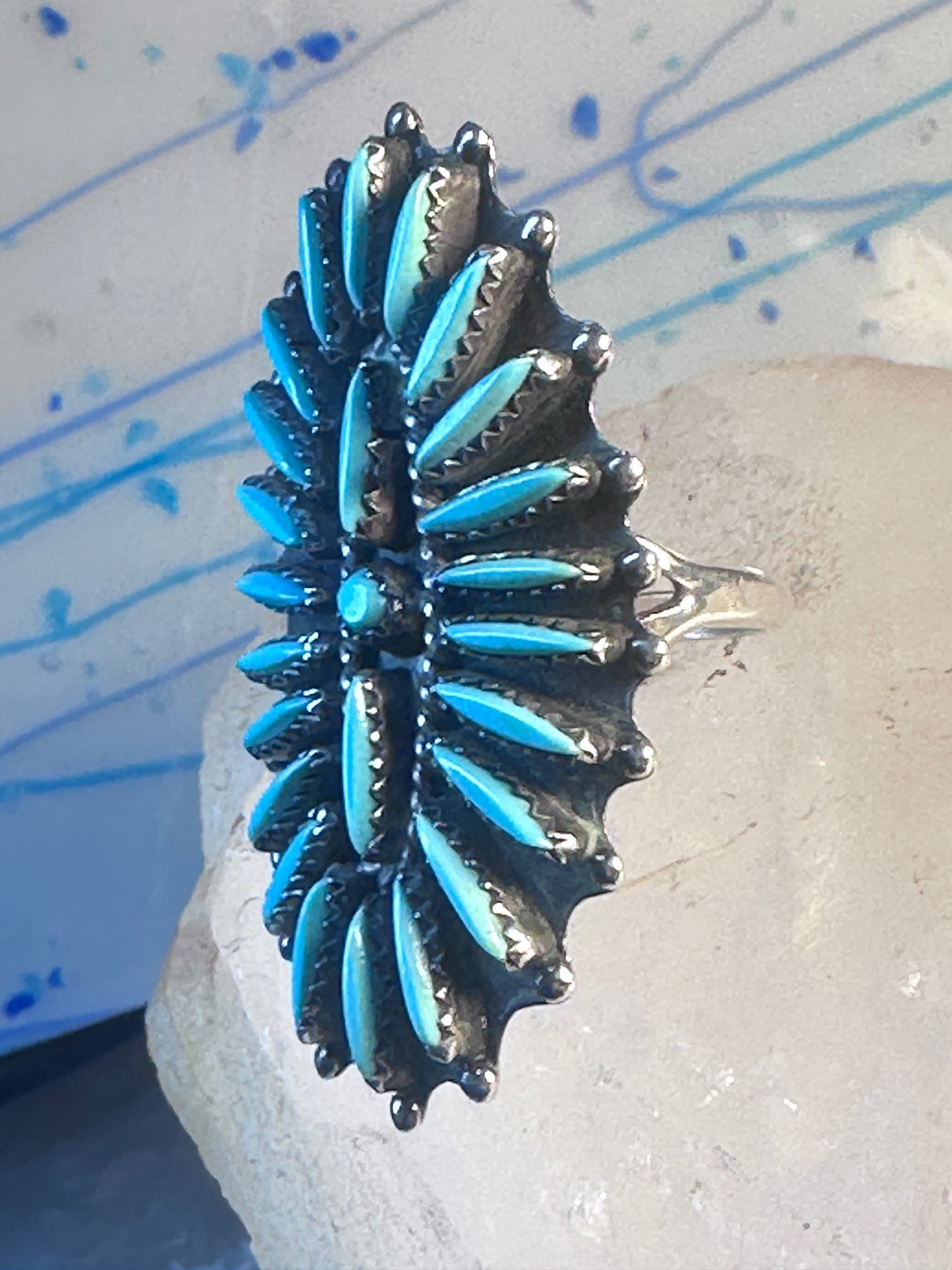 Zuni ring long turquoise petite point sterling silver size 10.50 women