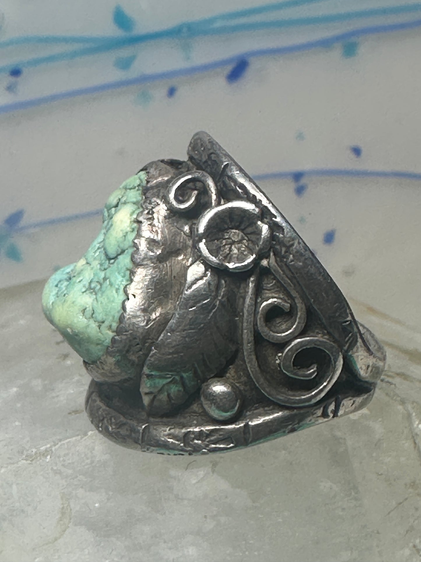 Navajo ring turquoise cigar band flowers leaves size 9.25 sterling silver women men
