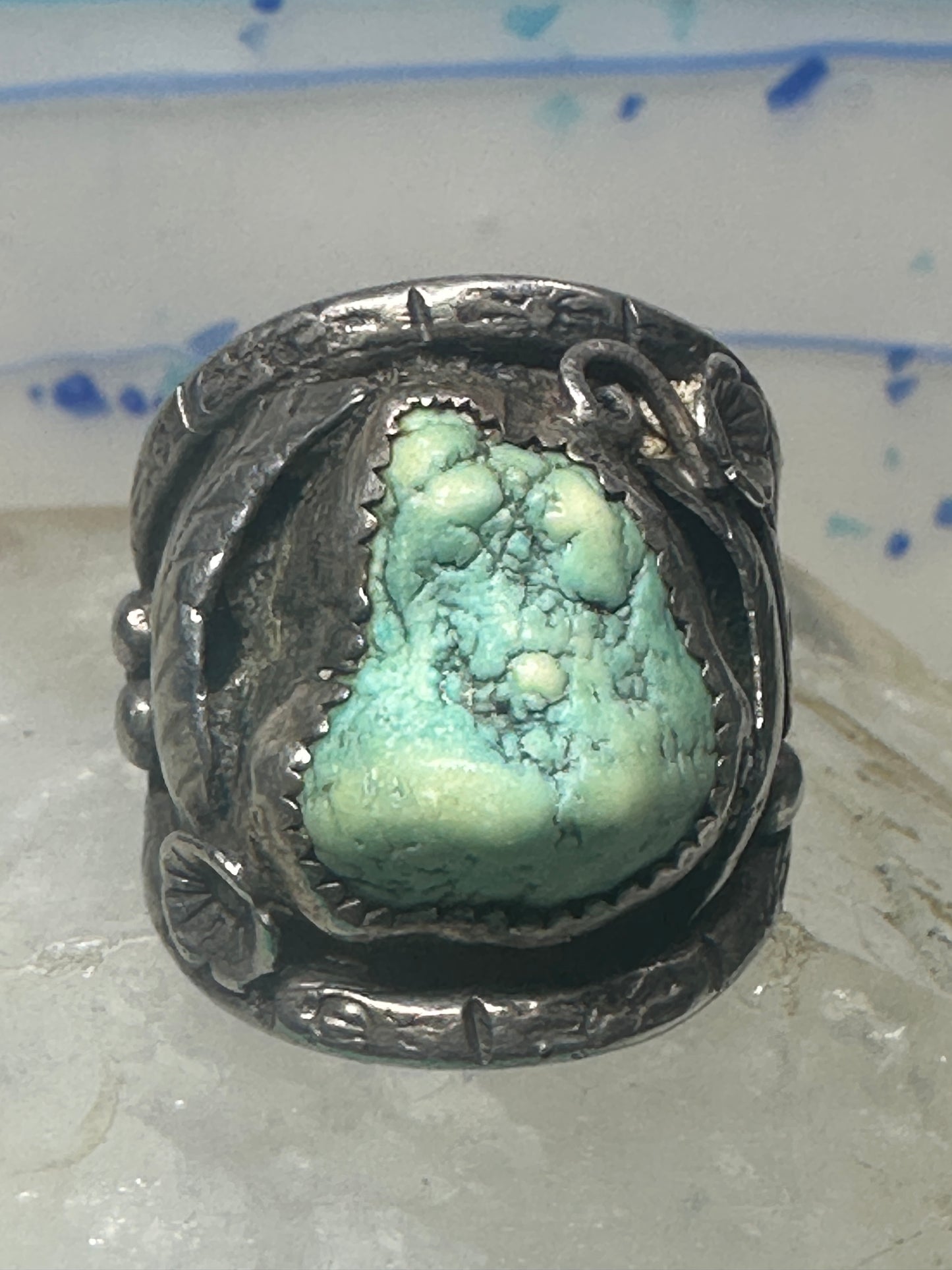 Navajo ring turquoise cigar band flowers leaves size 9.25 sterling silver women men