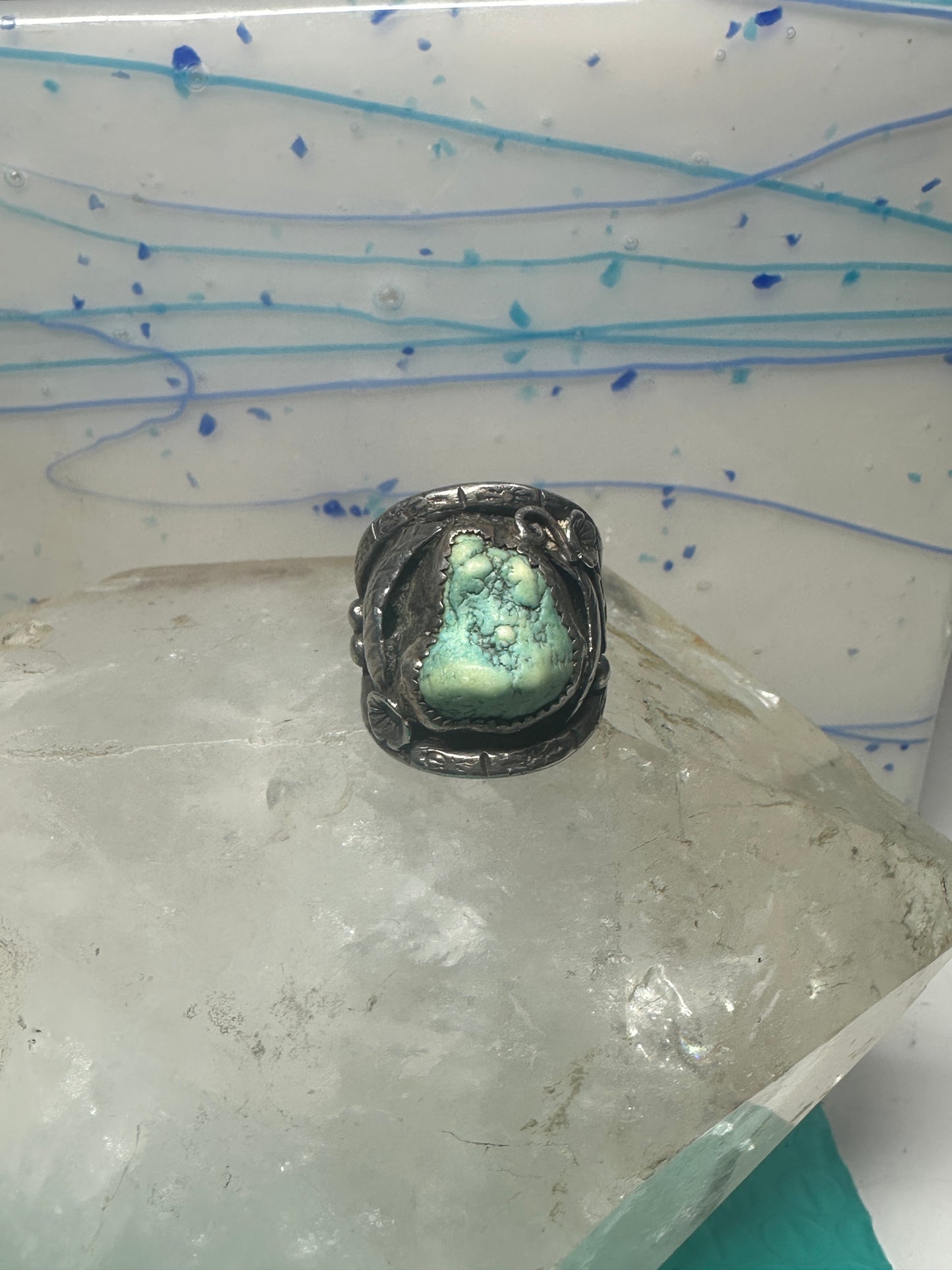 Navajo ring turquoise cigar band flowers leaves size 9.25 sterling silver women men