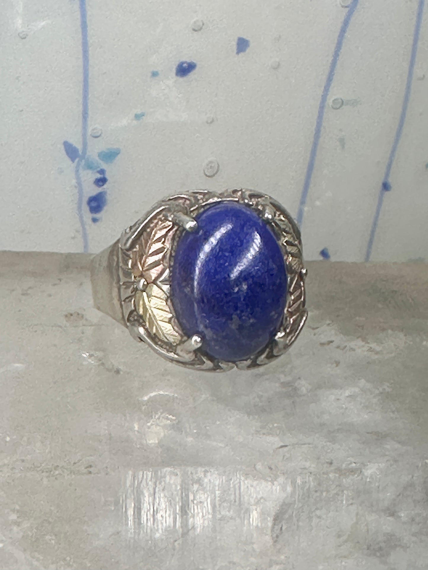 Blue Hills Gold ring Blue lapis band leaves size 9.75 sterling silver women men